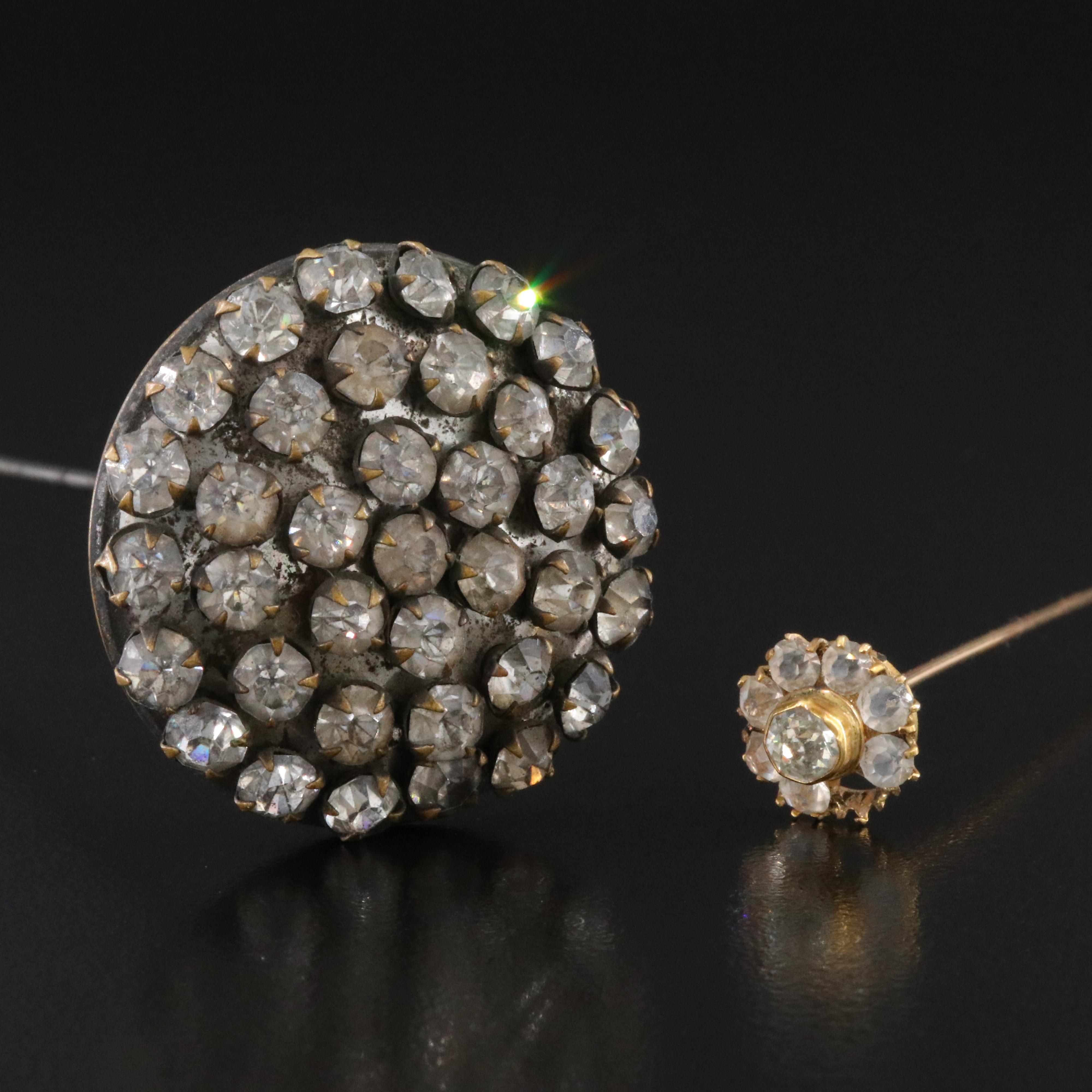 Antique 10K Glass and Vintage Rhinestone Hat Pins with Art Nouveau Box