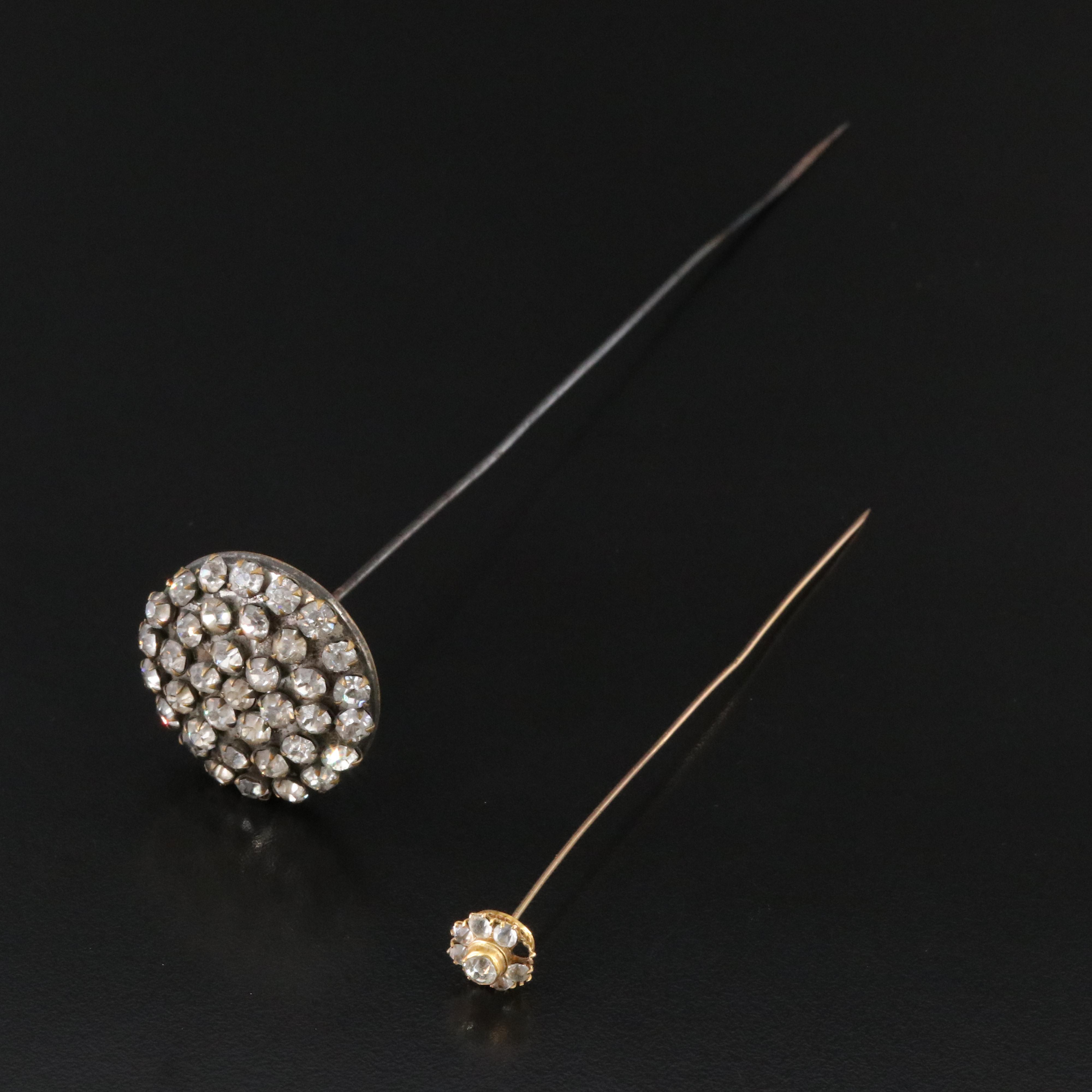 Antique 10K Glass and Vintage Rhinestone Hat Pins with Art Nouveau Box