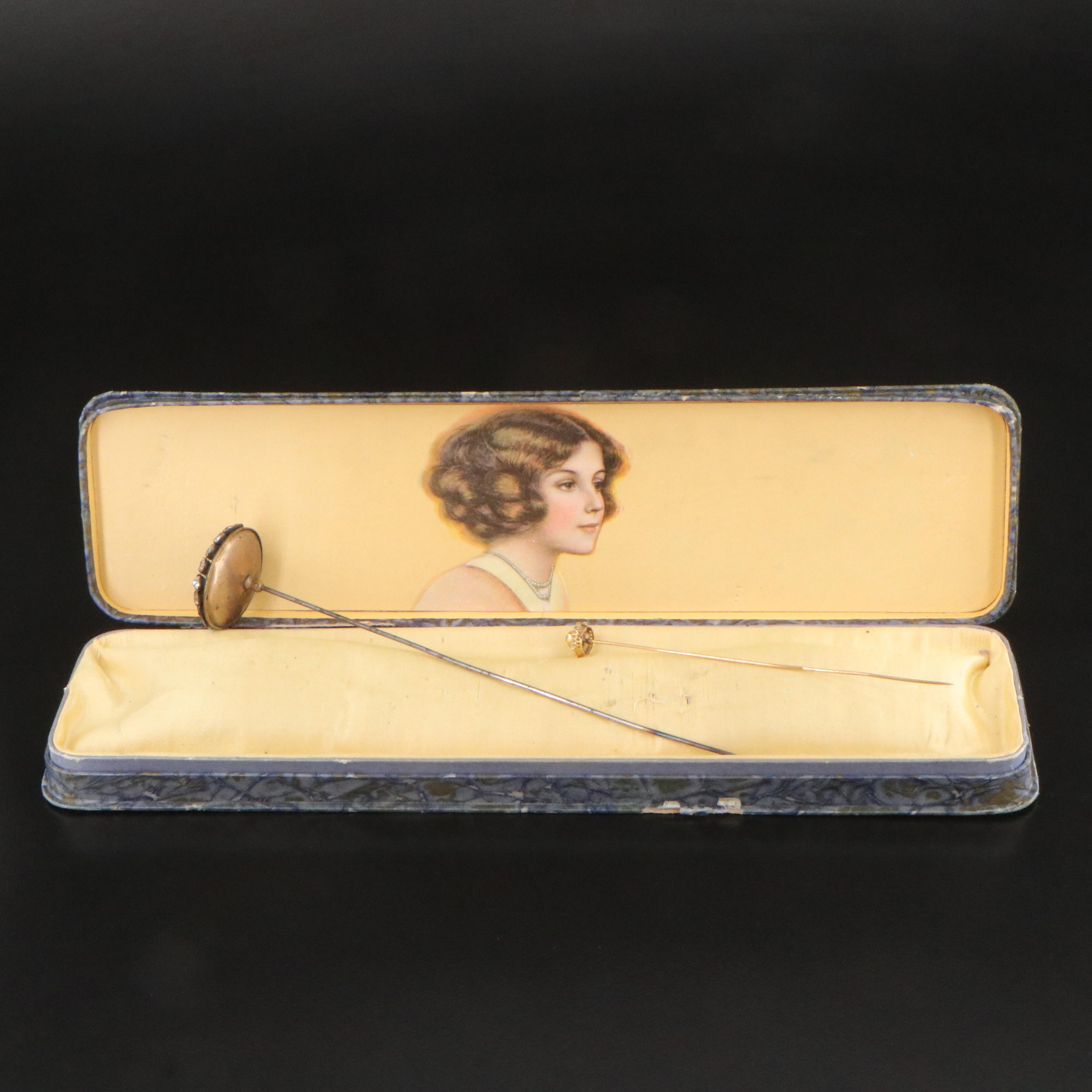 Antique 10K Glass and Vintage Rhinestone Hat Pins with Art Nouveau Box