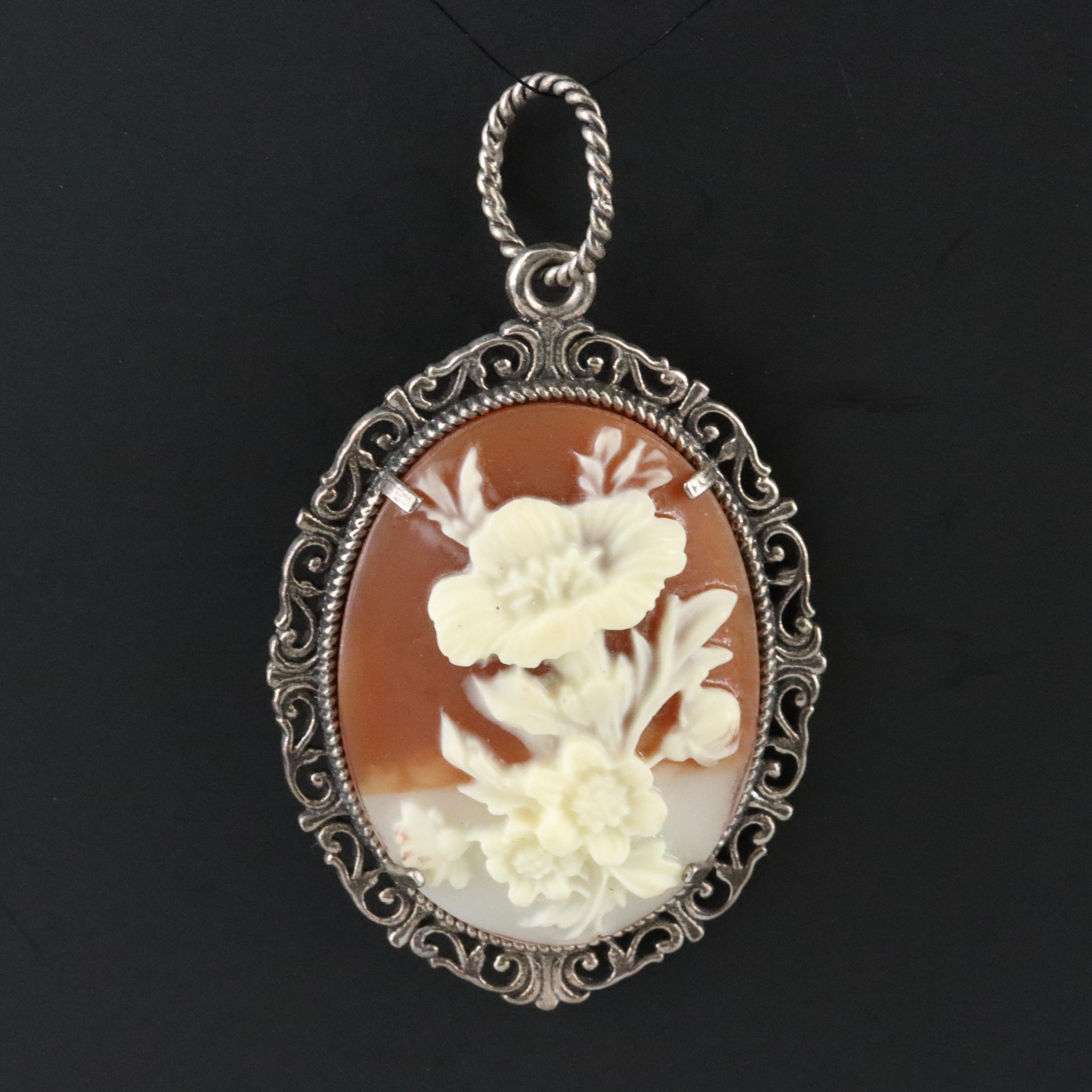 Sterling Cameo Style Floral Pendant