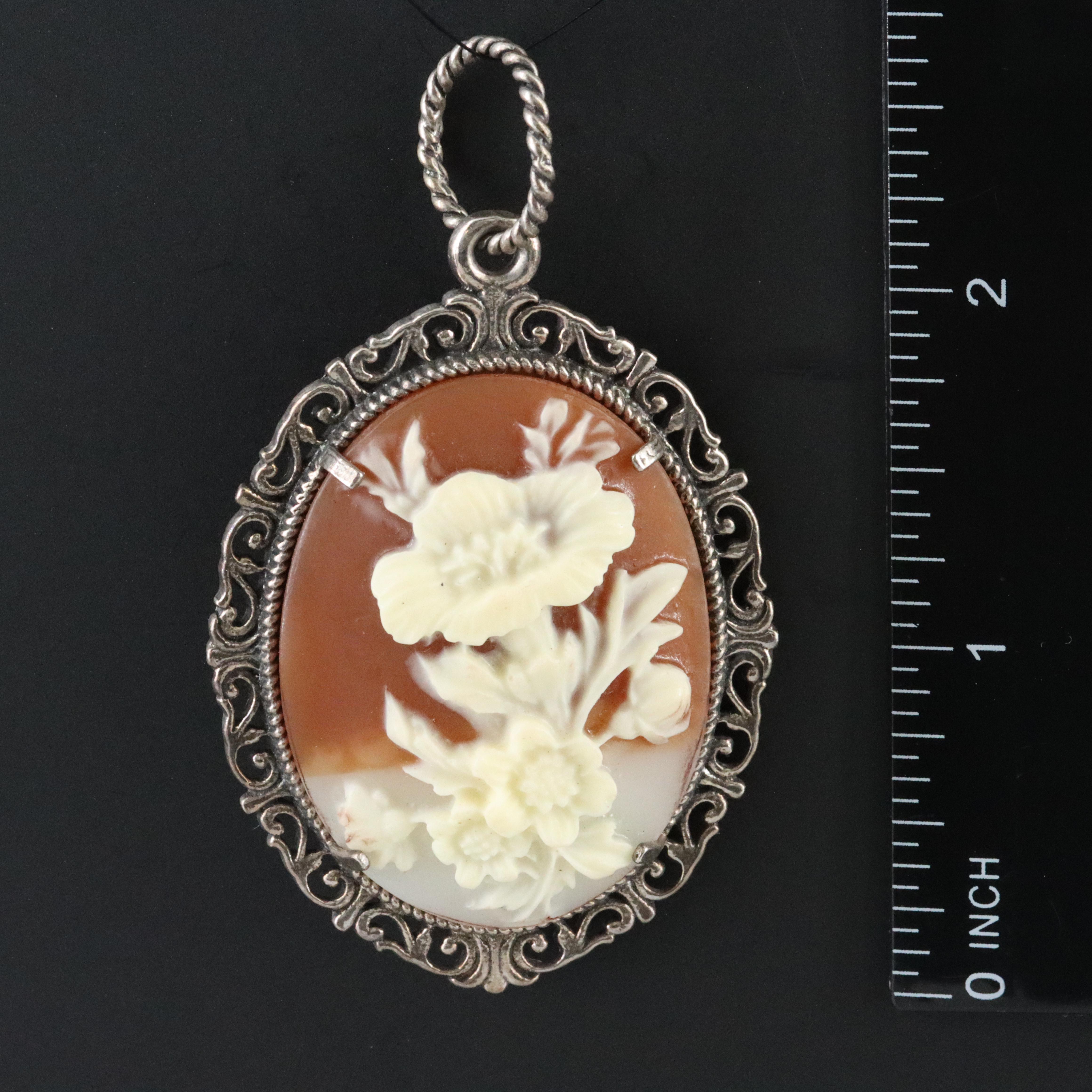 Sterling Cameo Style Floral Pendant