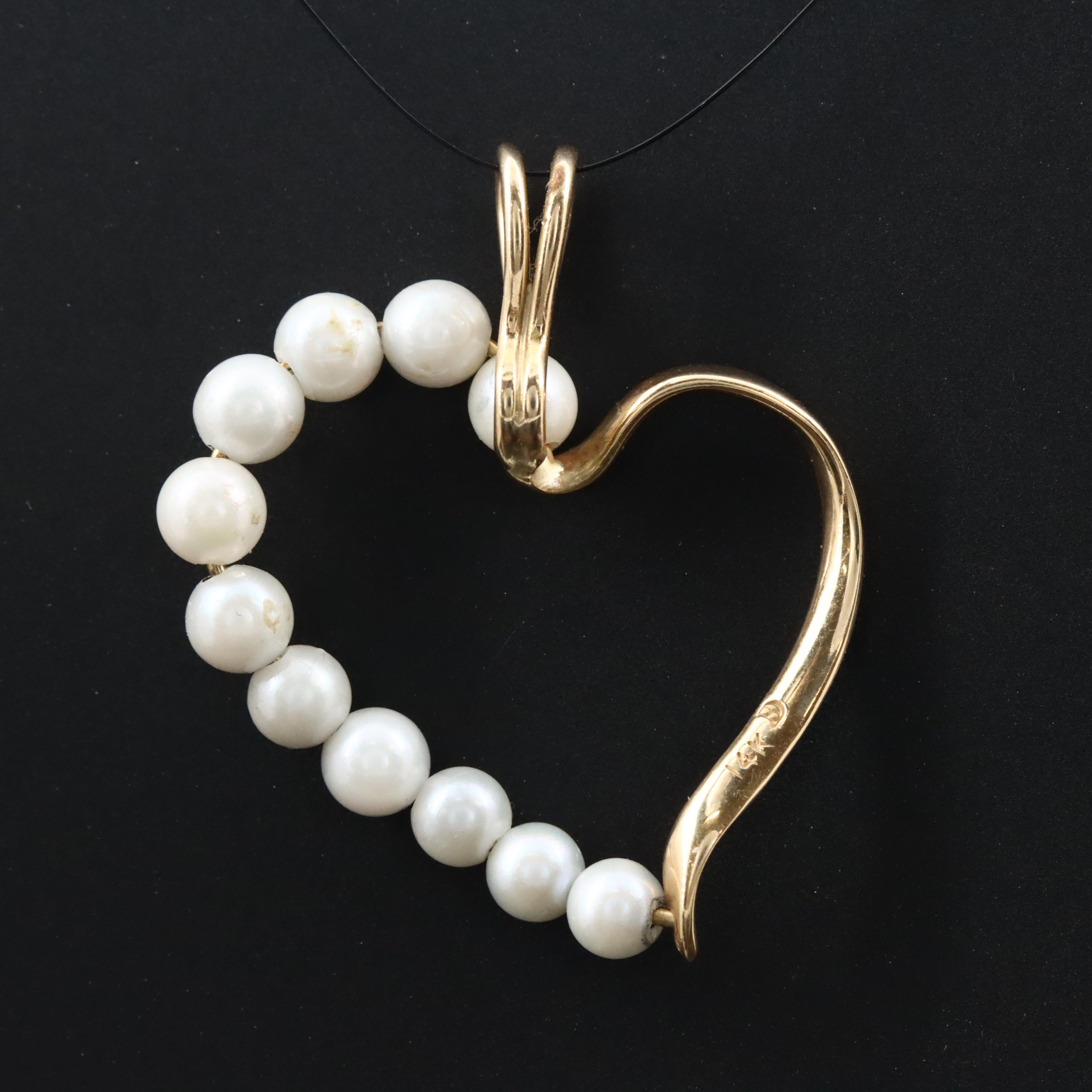 14K Faux Pearl Heart Pendant