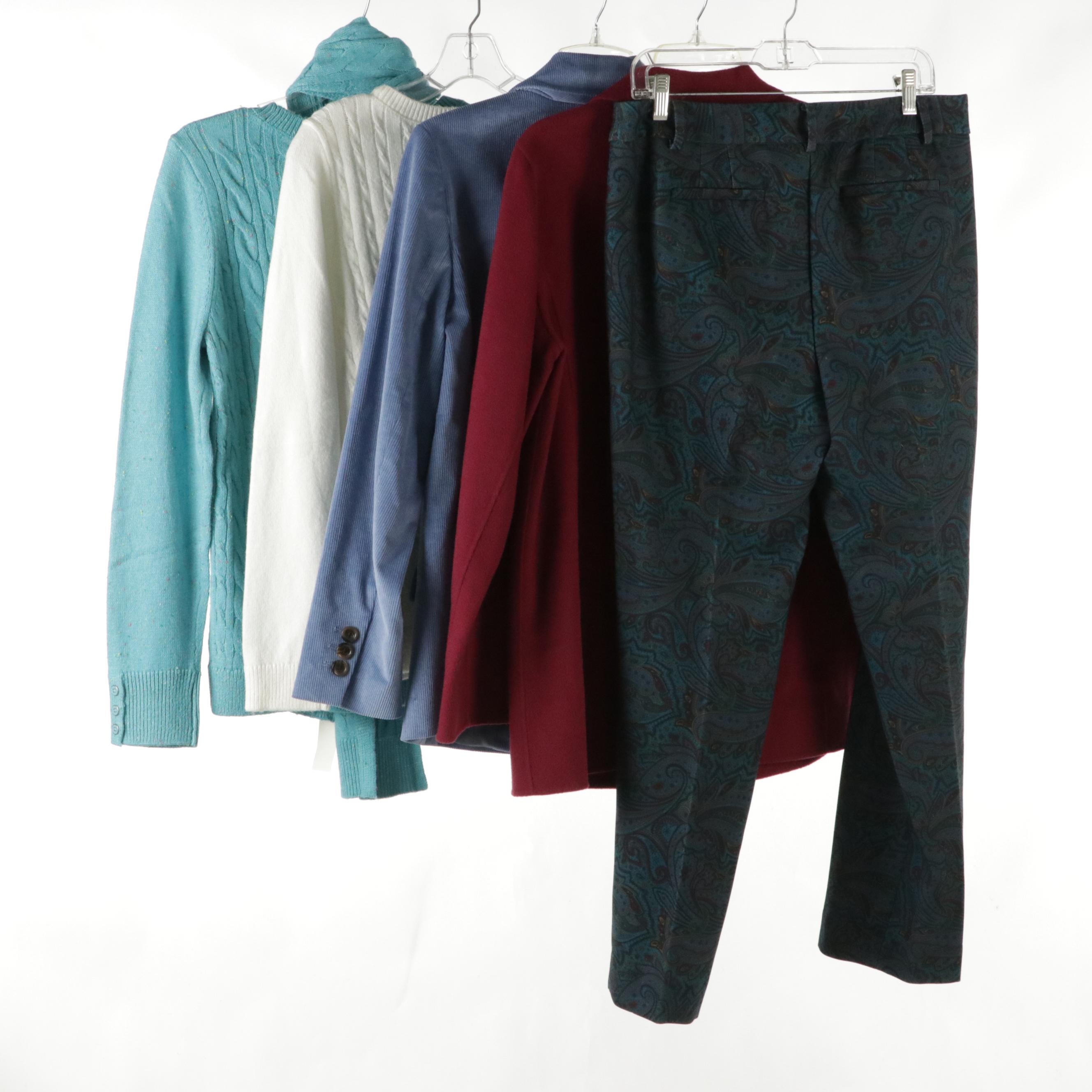 Talbots Corduroy Blazer, Wool Coat, Cable Knit Cotton Sweaters & Printed Pants