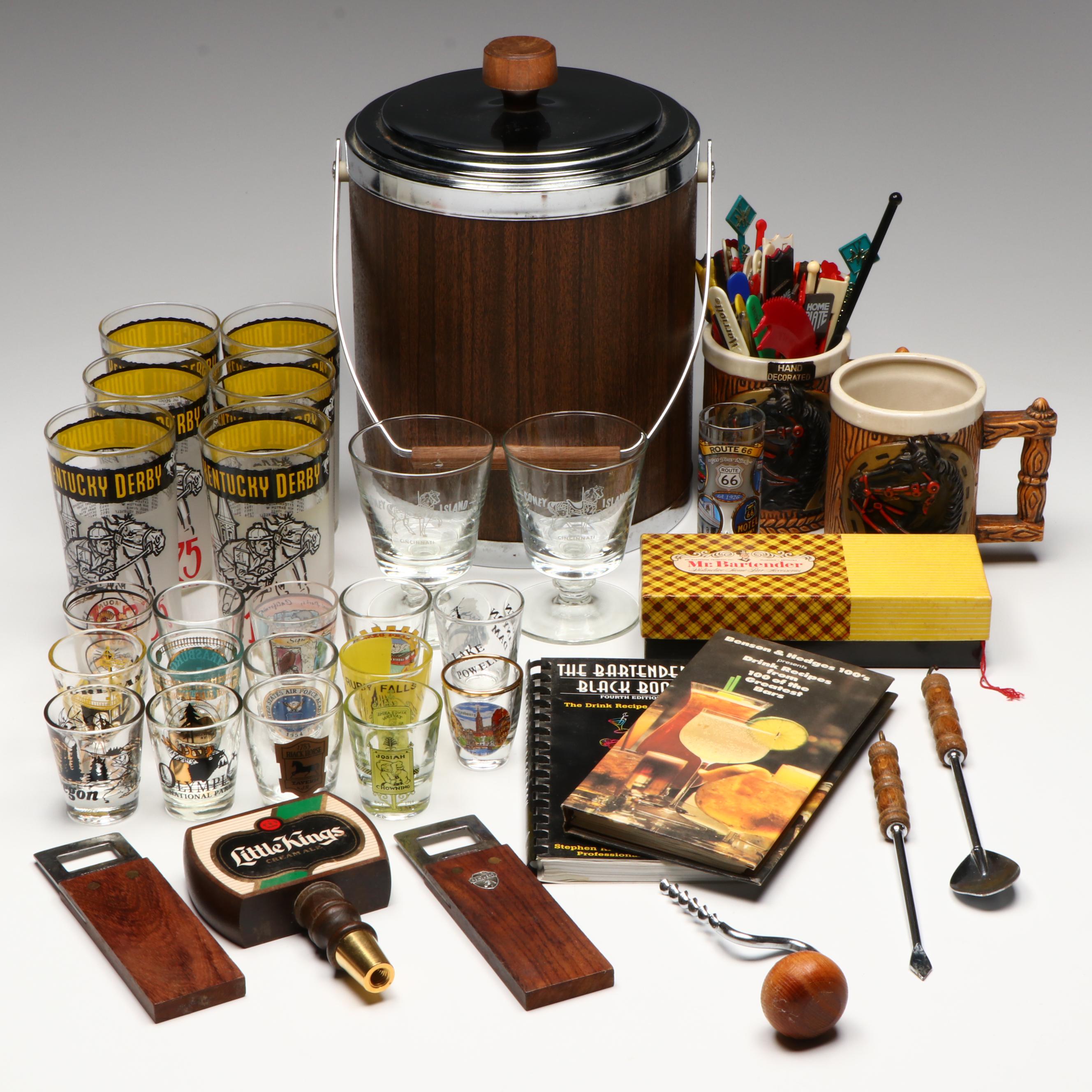 Ice Bucket, Bar Tools and Accessories with 1975 Kentucky Derby and More Glasses
