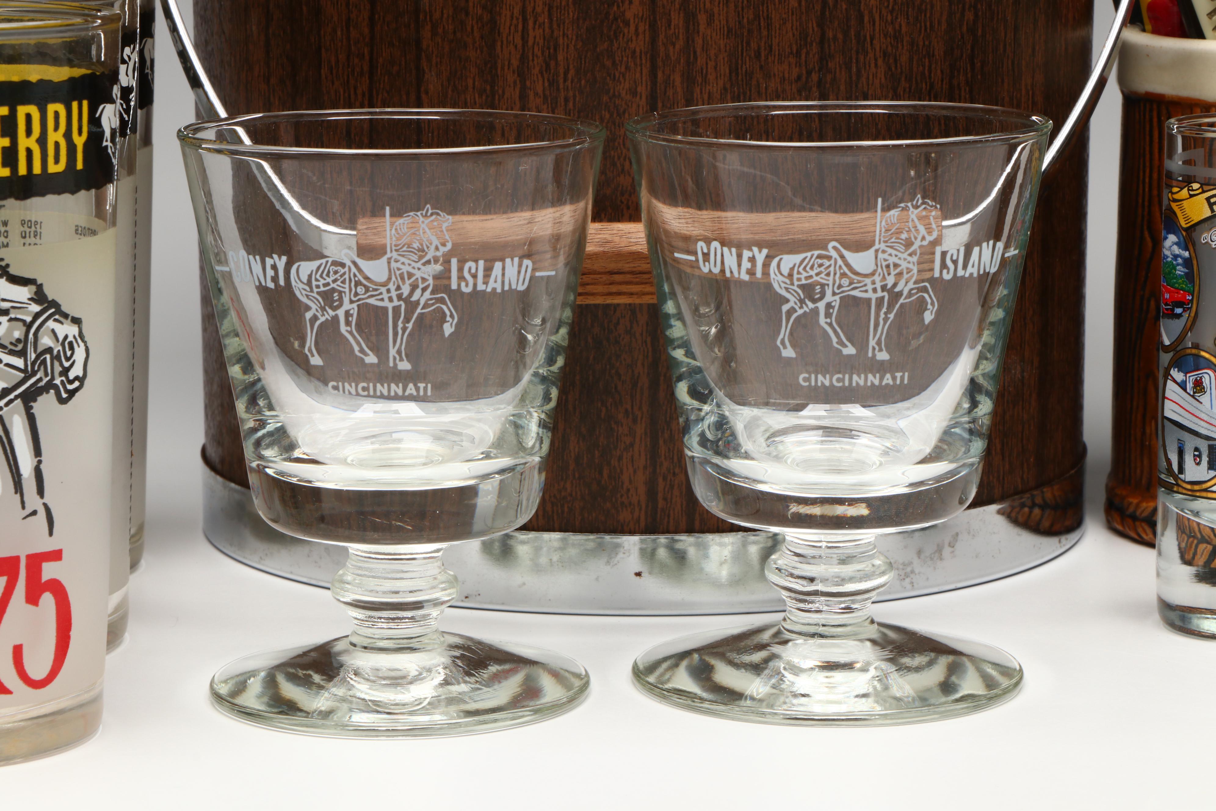 Ice Bucket, Bar Tools and Accessories with 1975 Kentucky Derby and More Glasses