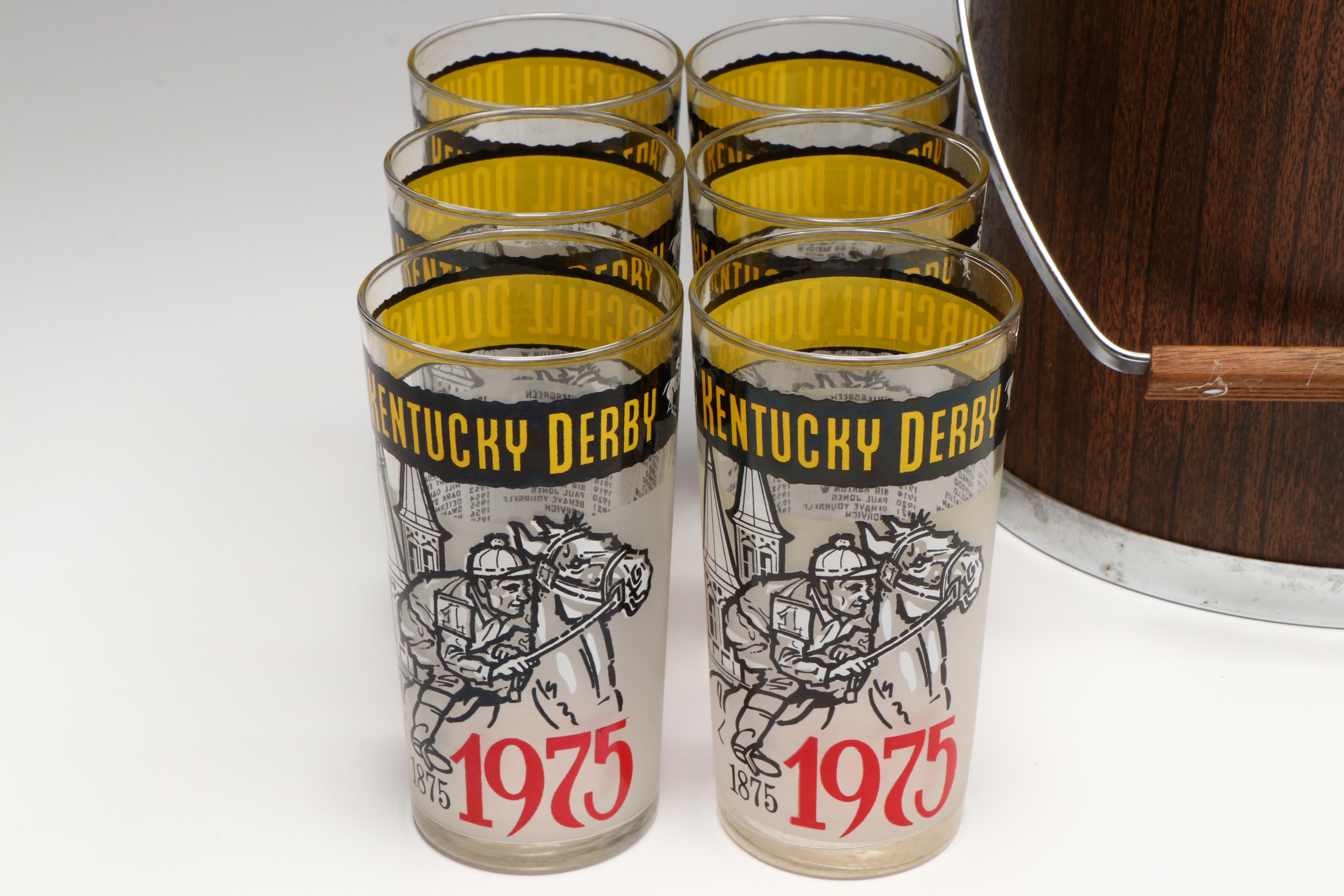 Ice Bucket, Bar Tools and Accessories with 1975 Kentucky Derby and More Glasses
