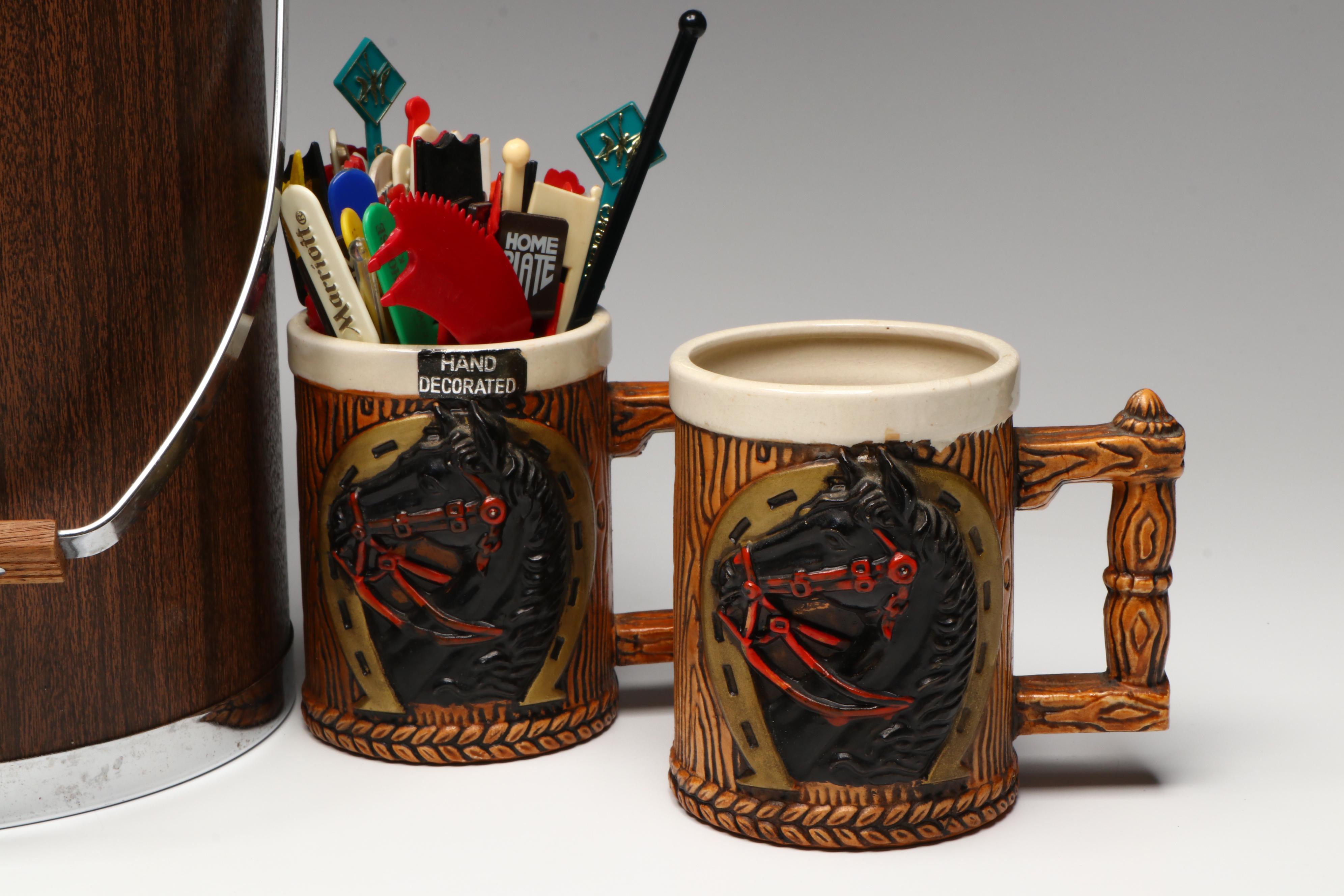 Ice Bucket, Bar Tools and Accessories with 1975 Kentucky Derby and More Glasses