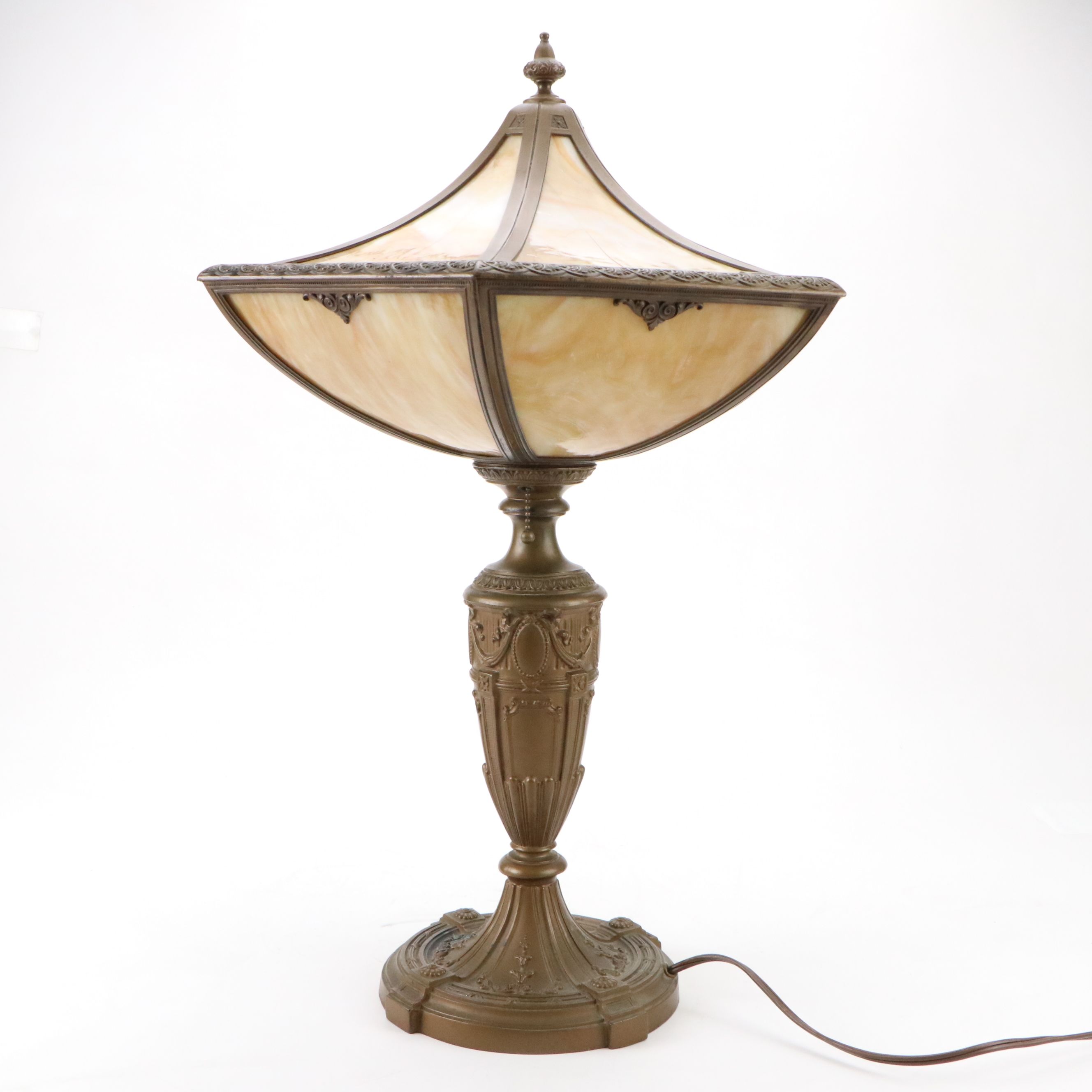 Empire Revival Style Bronzed Spelter Lamp & Bent Panel Slag Glass Double Shade