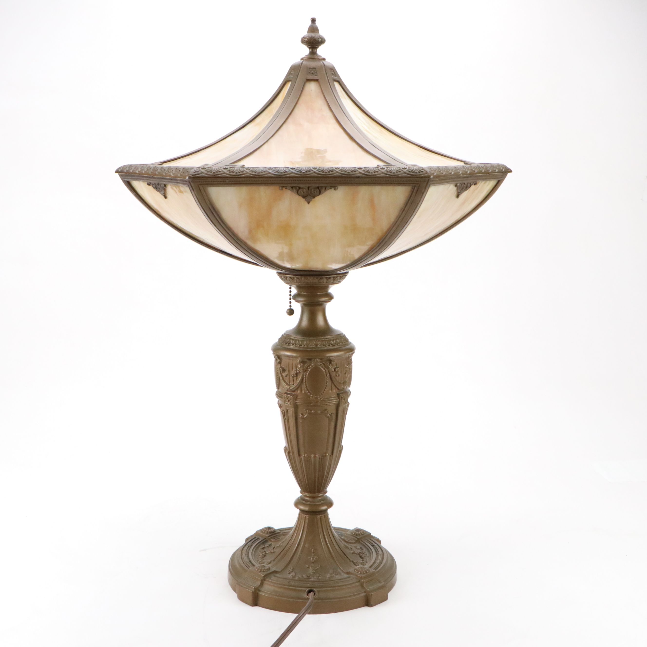 Empire Revival Style Bronzed Spelter Lamp & Bent Panel Slag Glass Double Shade