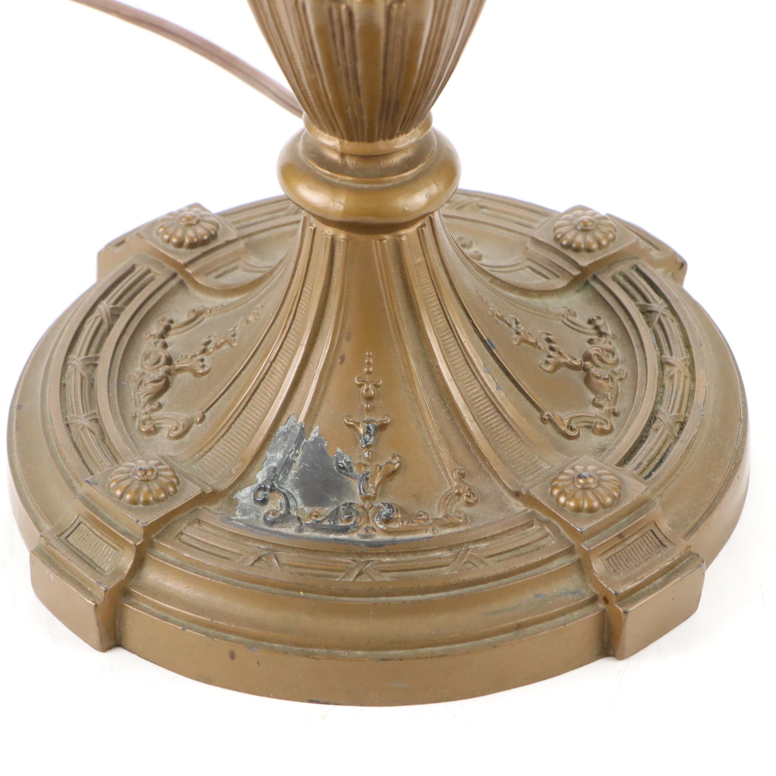 Empire Revival Style Bronzed Spelter Lamp & Bent Panel Slag Glass Double Shade