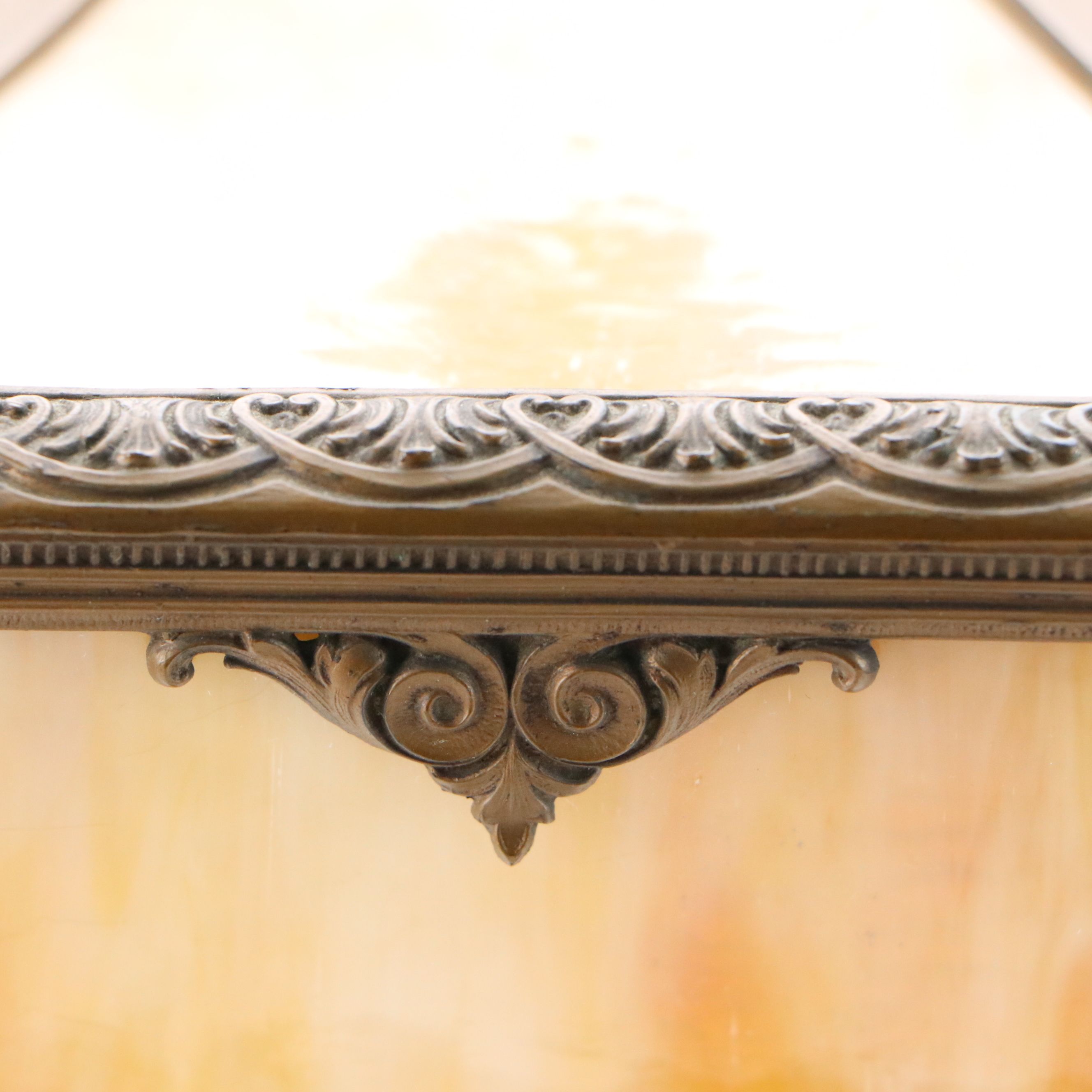 Empire Revival Style Bronzed Spelter Lamp & Bent Panel Slag Glass Double Shade