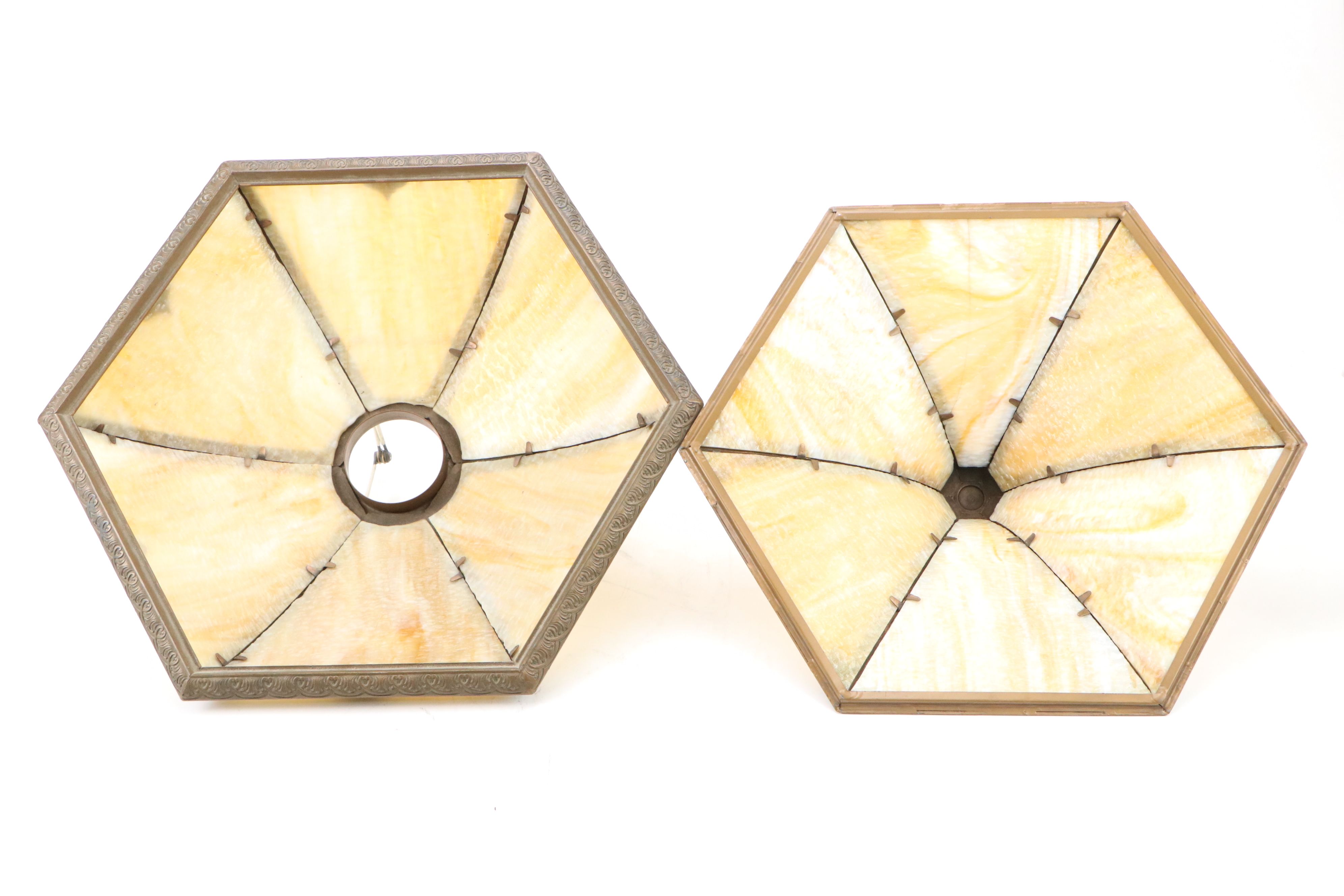 Empire Revival Style Bronzed Spelter Lamp & Bent Panel Slag Glass Double Shade