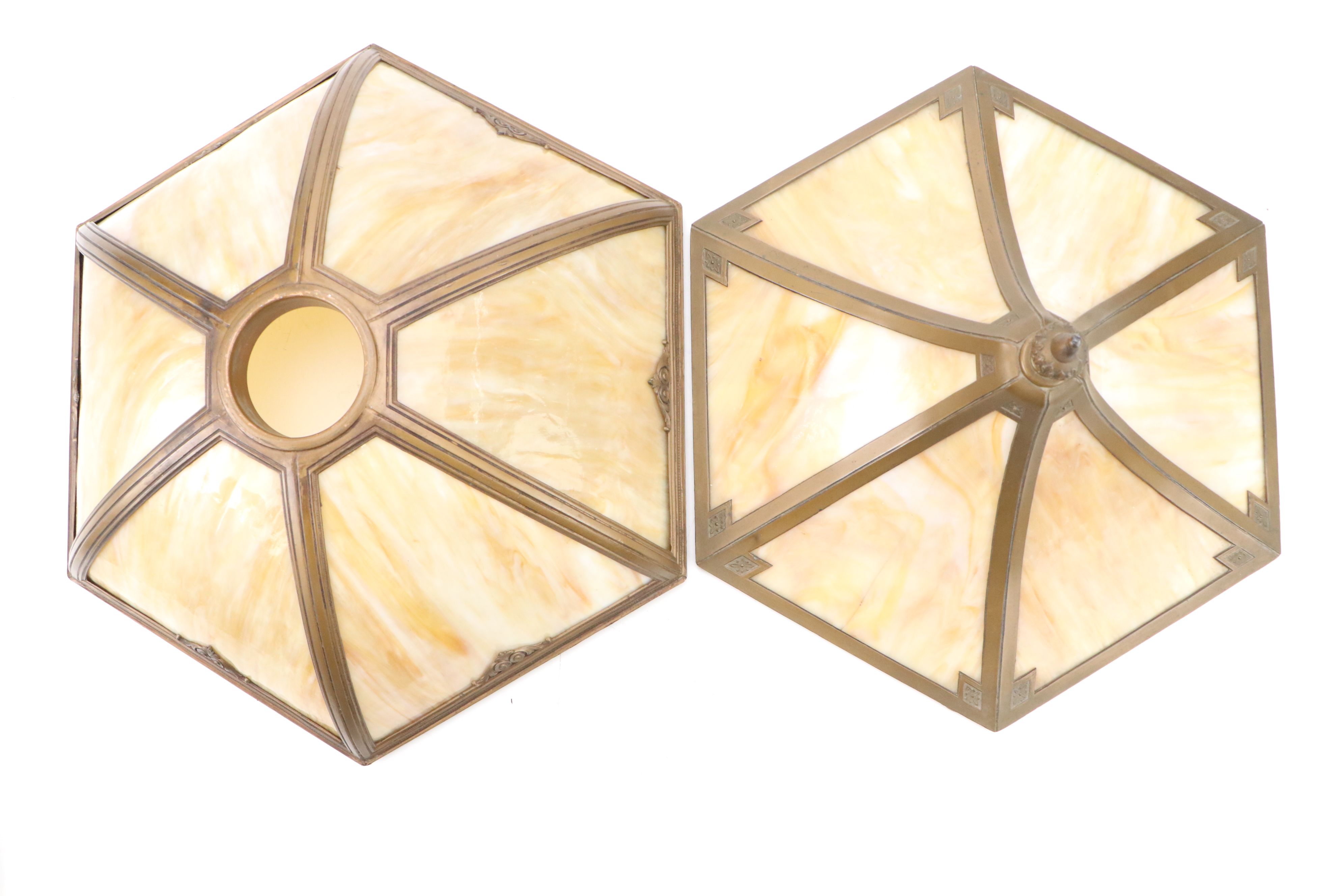 Empire Revival Style Bronzed Spelter Lamp & Bent Panel Slag Glass Double Shade