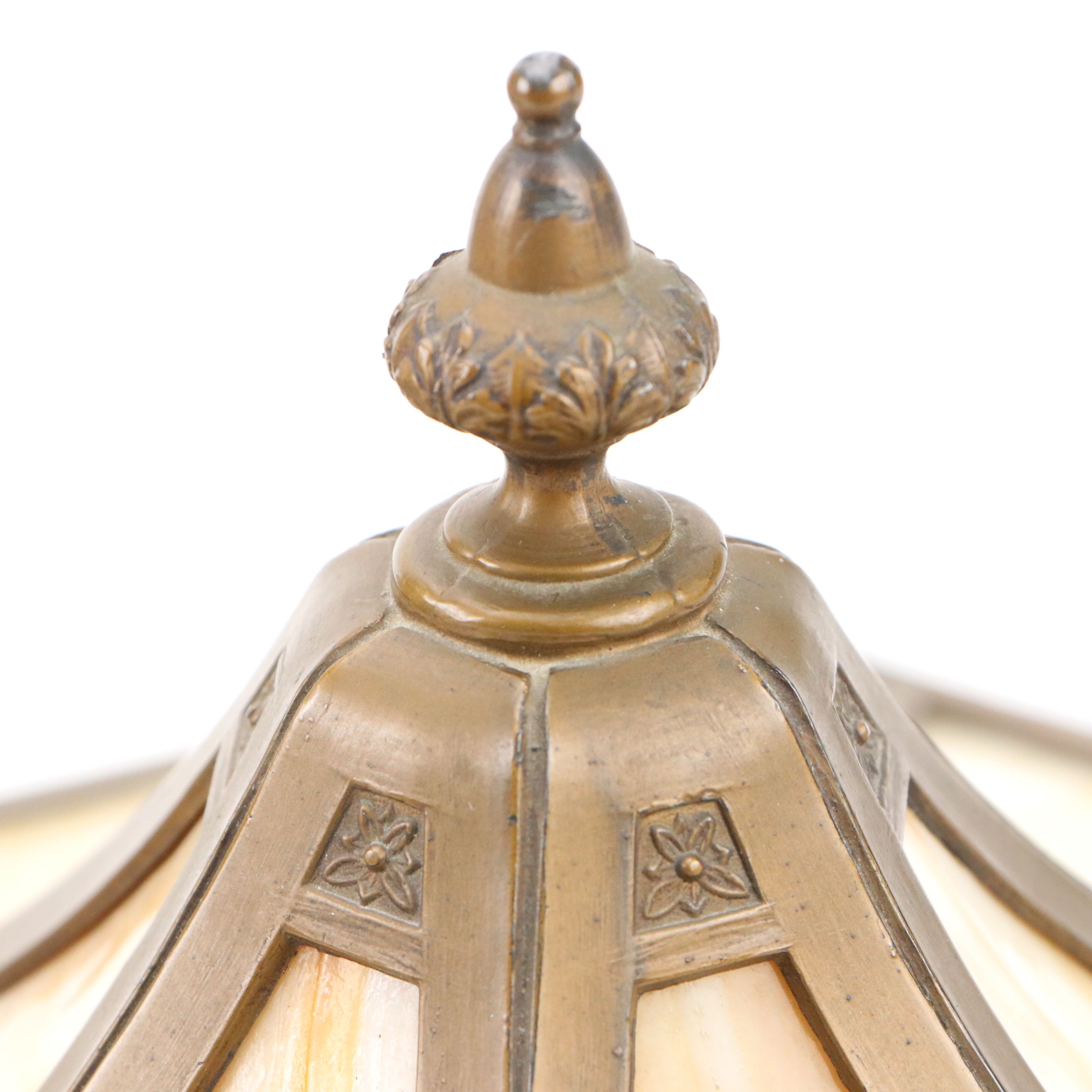 Empire Revival Style Bronzed Spelter Lamp & Bent Panel Slag Glass Double Shade