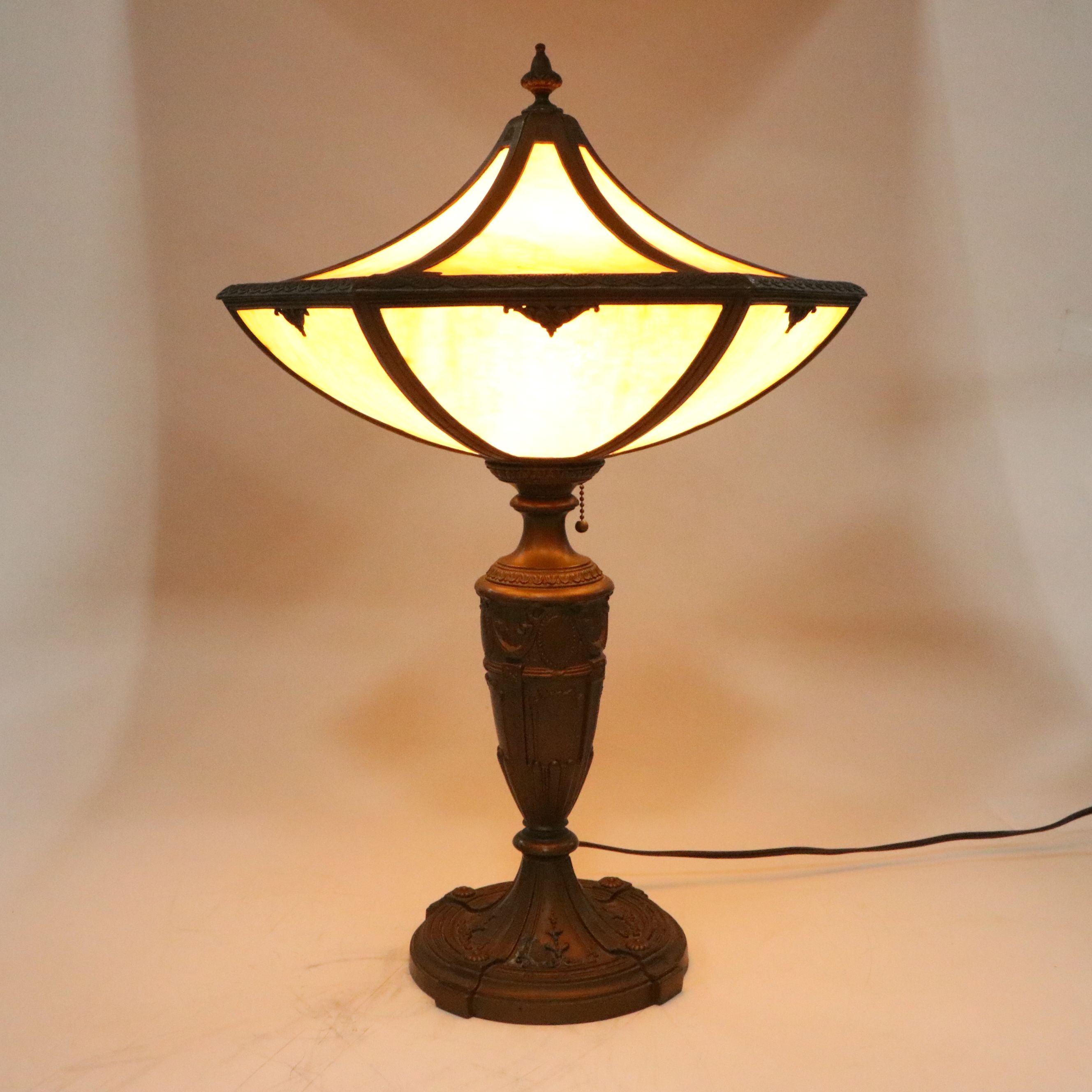 Empire Revival Style Bronzed Spelter Lamp & Bent Panel Slag Glass Double Shade