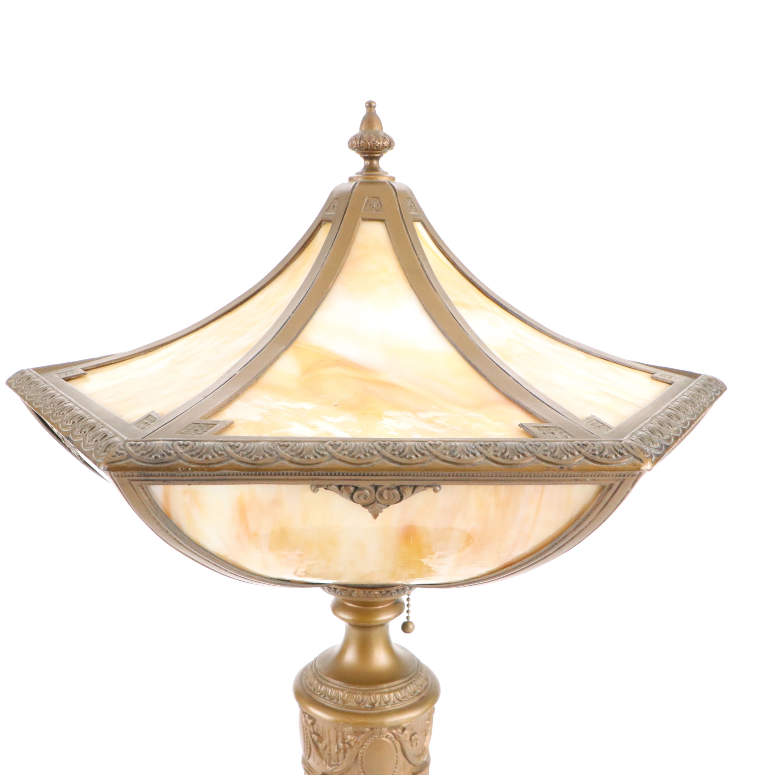 Empire Revival Style Bronzed Spelter Lamp & Bent Panel Slag Glass Double Shade