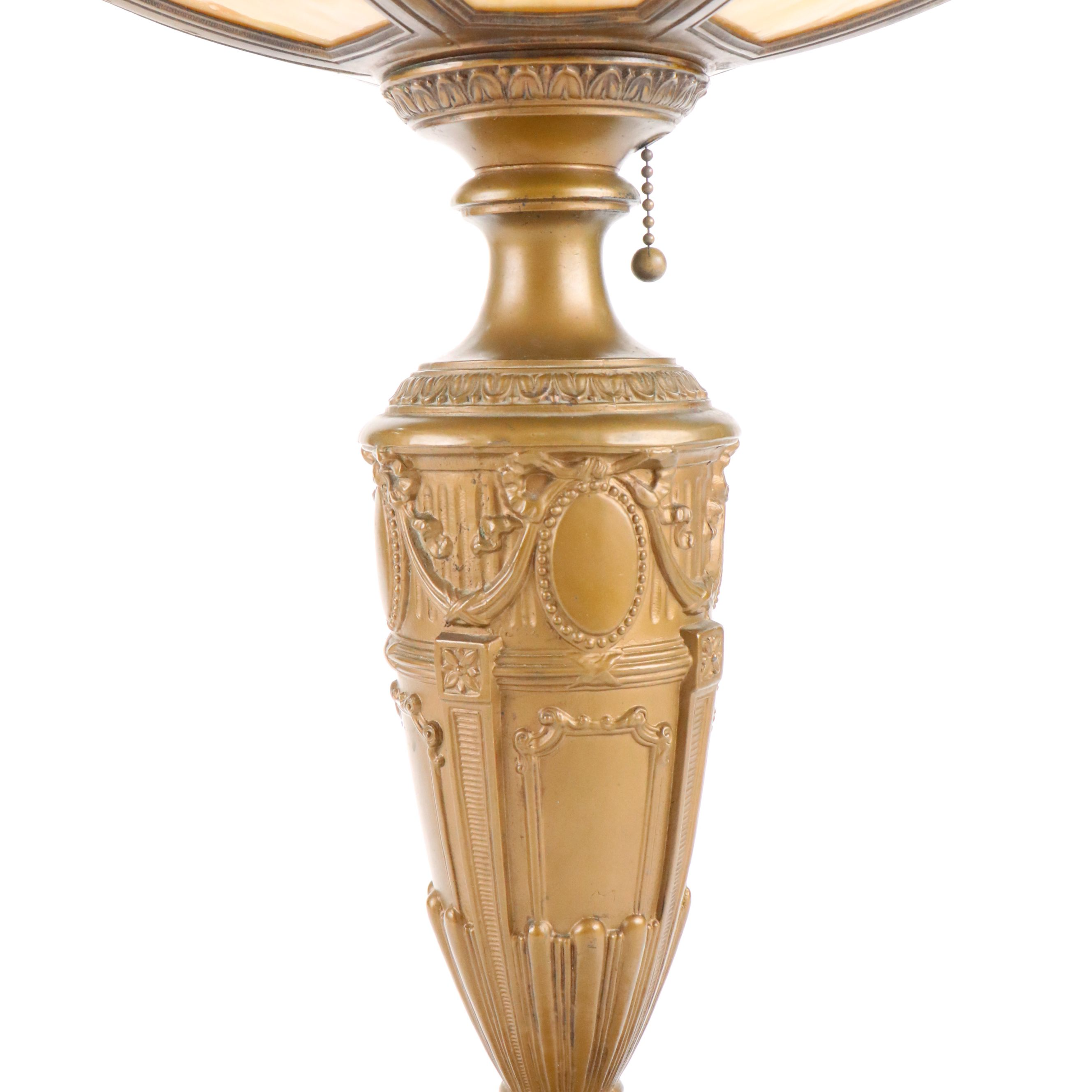 Empire Revival Style Bronzed Spelter Lamp & Bent Panel Slag Glass Double Shade