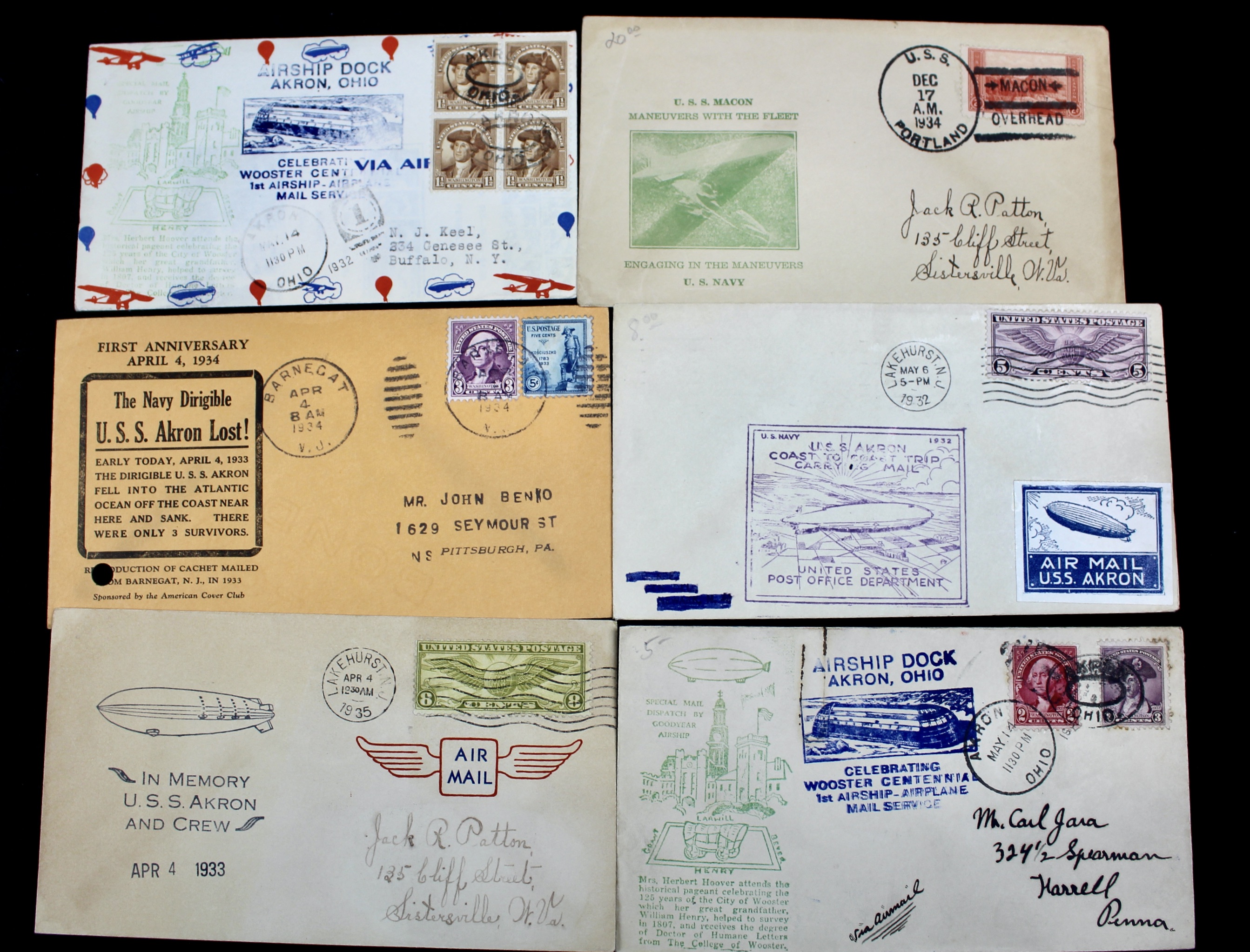 Collection of Six U.S.S. Akron Graf Zeppelin Postal Covers, 1930s