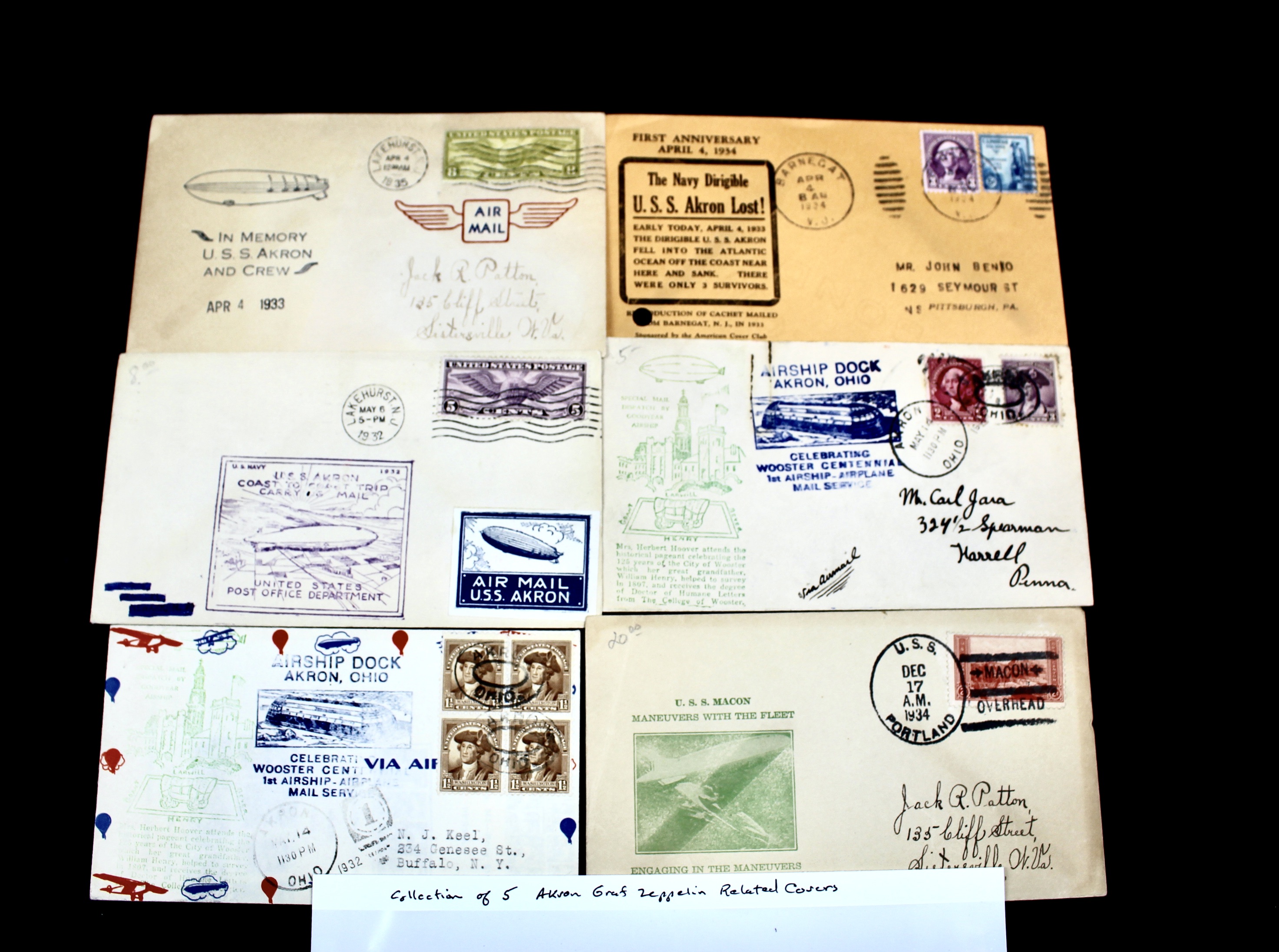 Collection of Six U.S.S. Akron Graf Zeppelin Postal Covers, 1930s