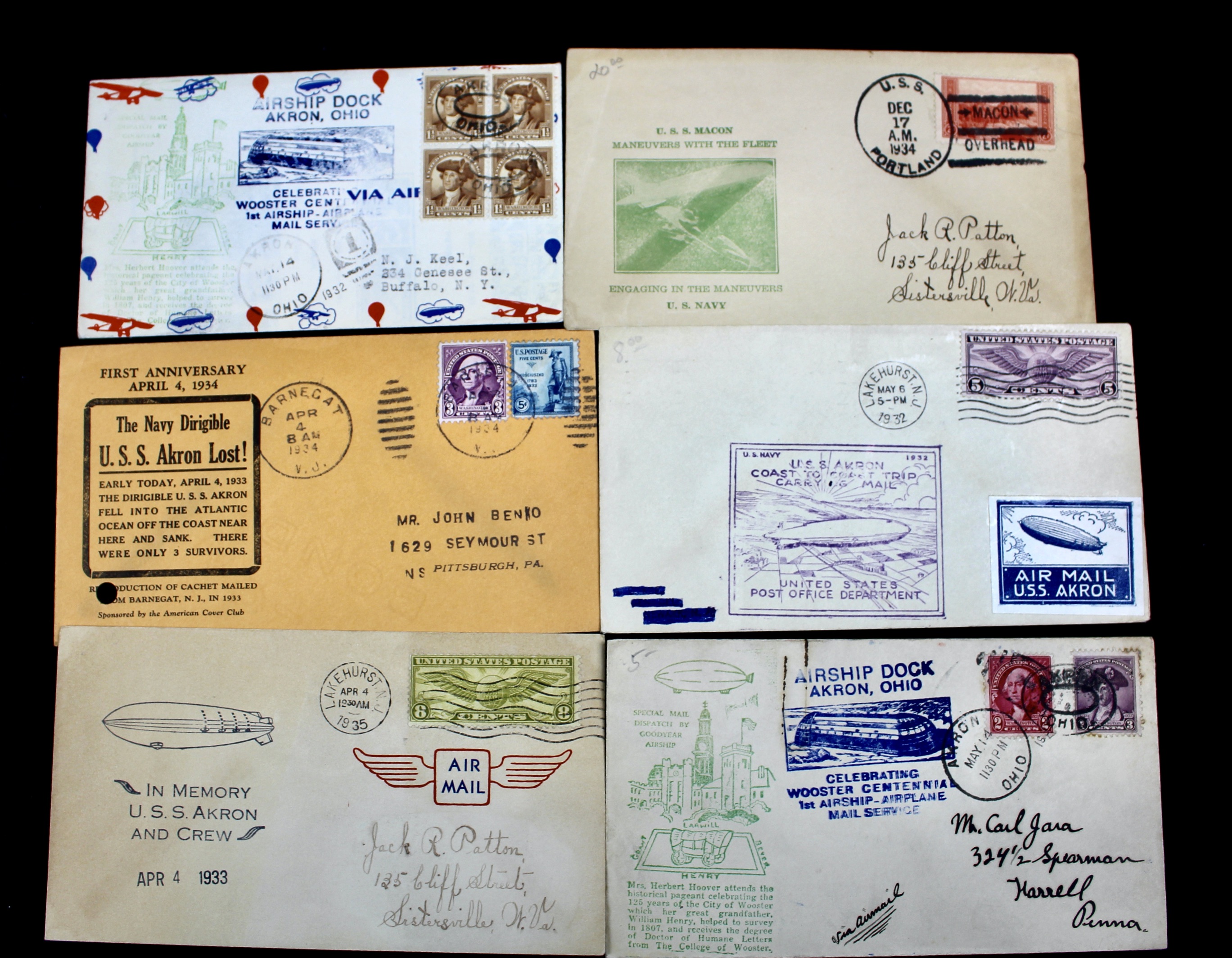 Collection of Six U.S.S. Akron Graf Zeppelin Postal Covers, 1930s