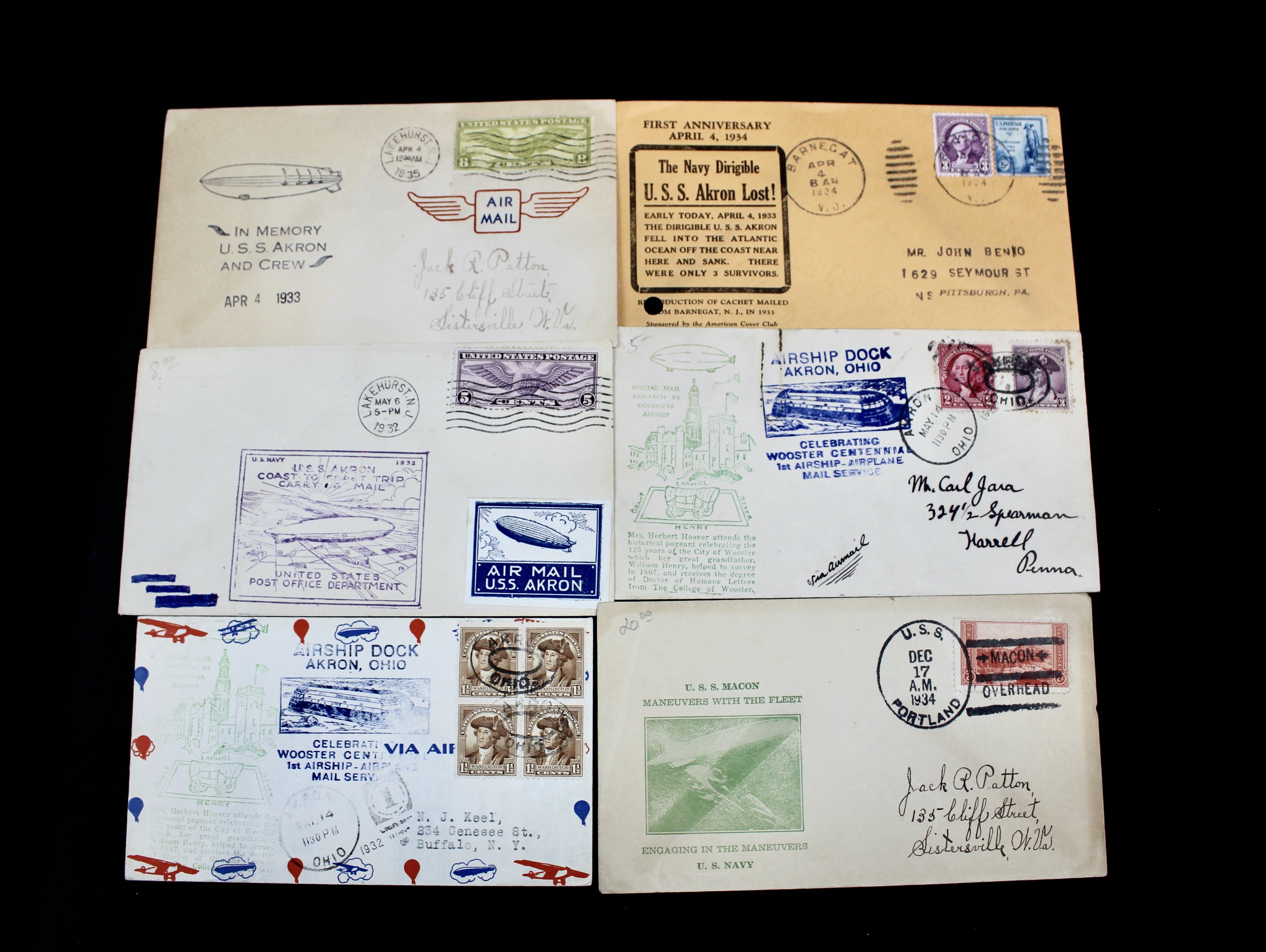 Collection of Six U.S.S. Akron Graf Zeppelin Postal Covers, 1930s