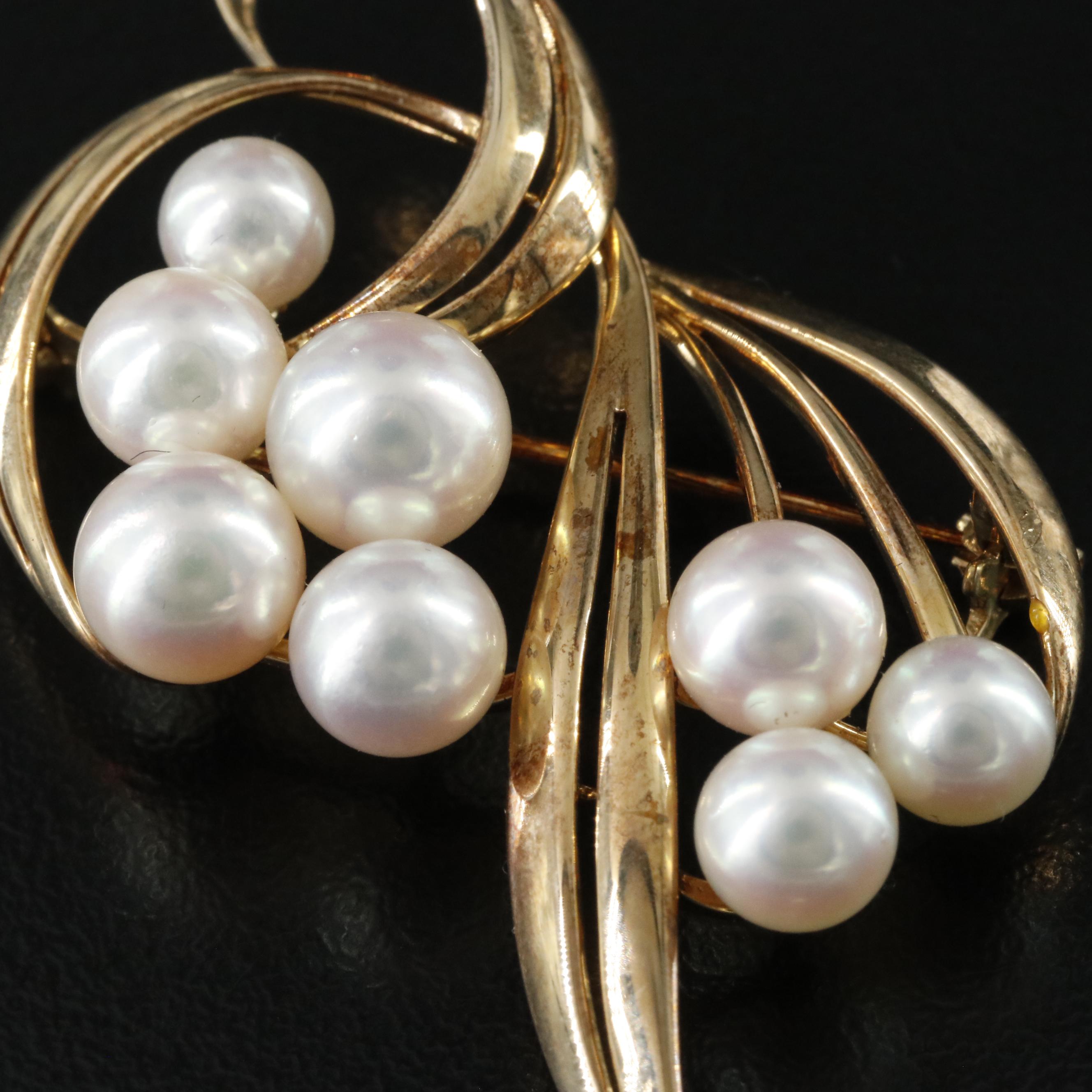 Mikimoto 14K Pearl Cluster Spray Brooch
