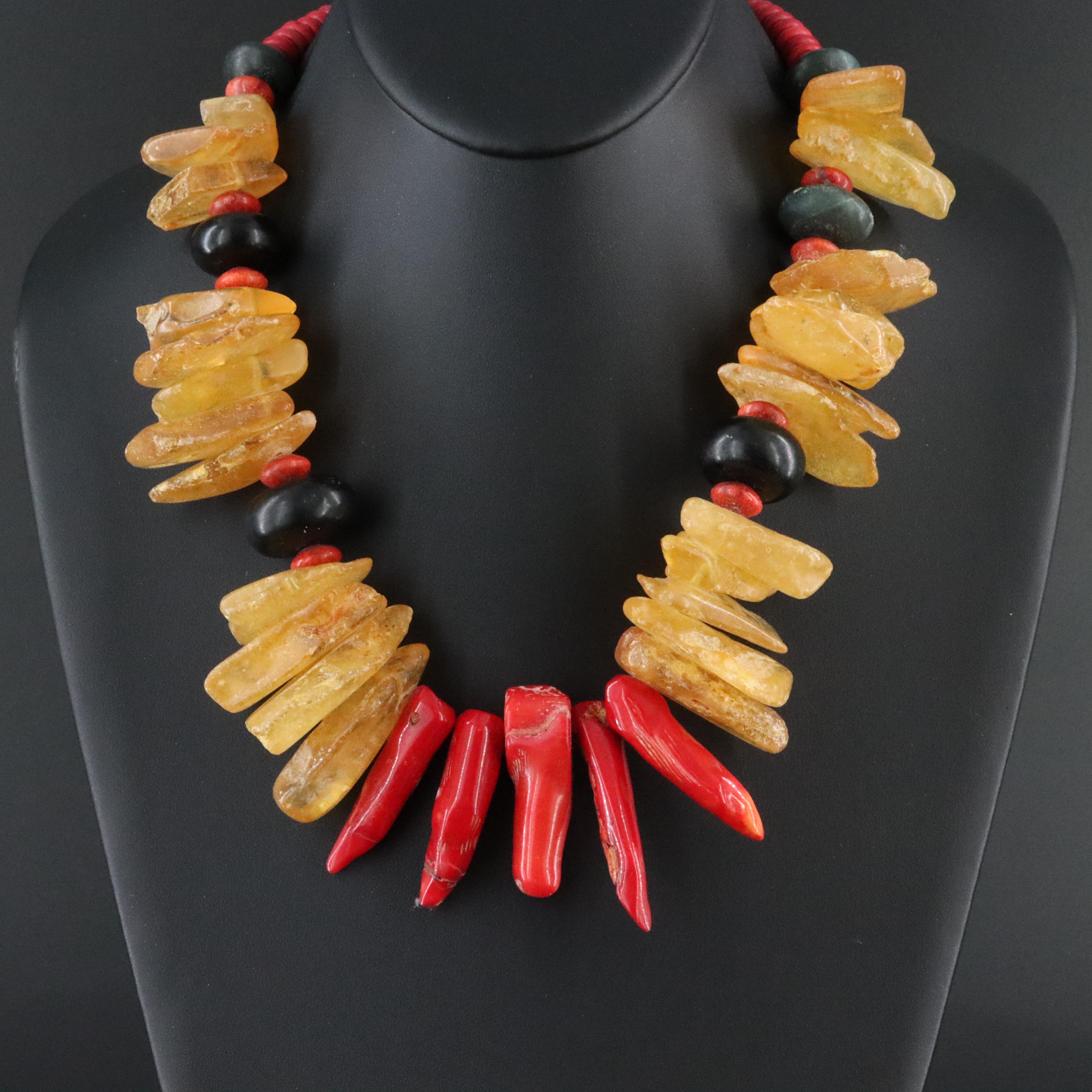 Coral, Copal and Gemstone Necklace with Sterling Clasp