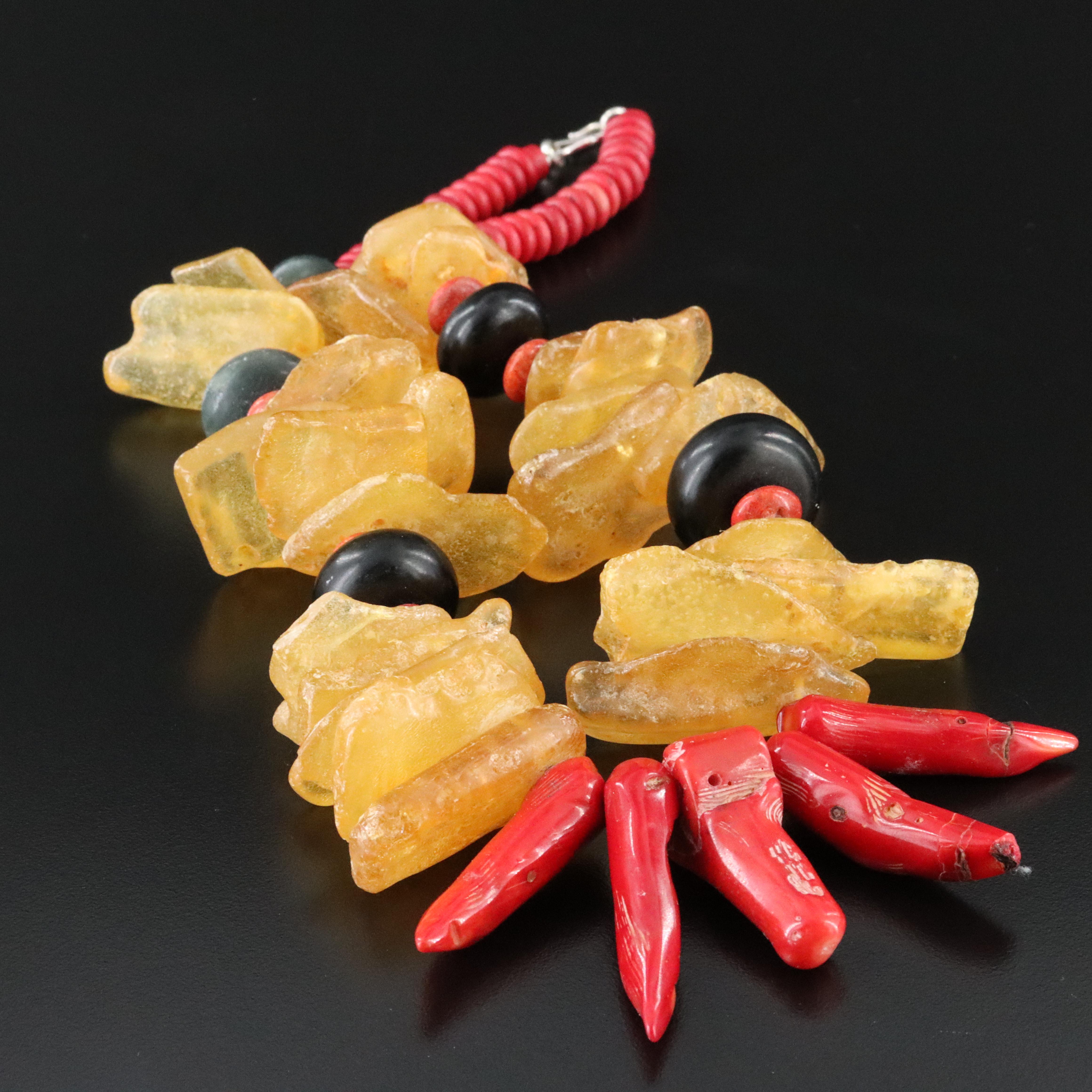 Coral, Copal and Gemstone Necklace with Sterling Clasp