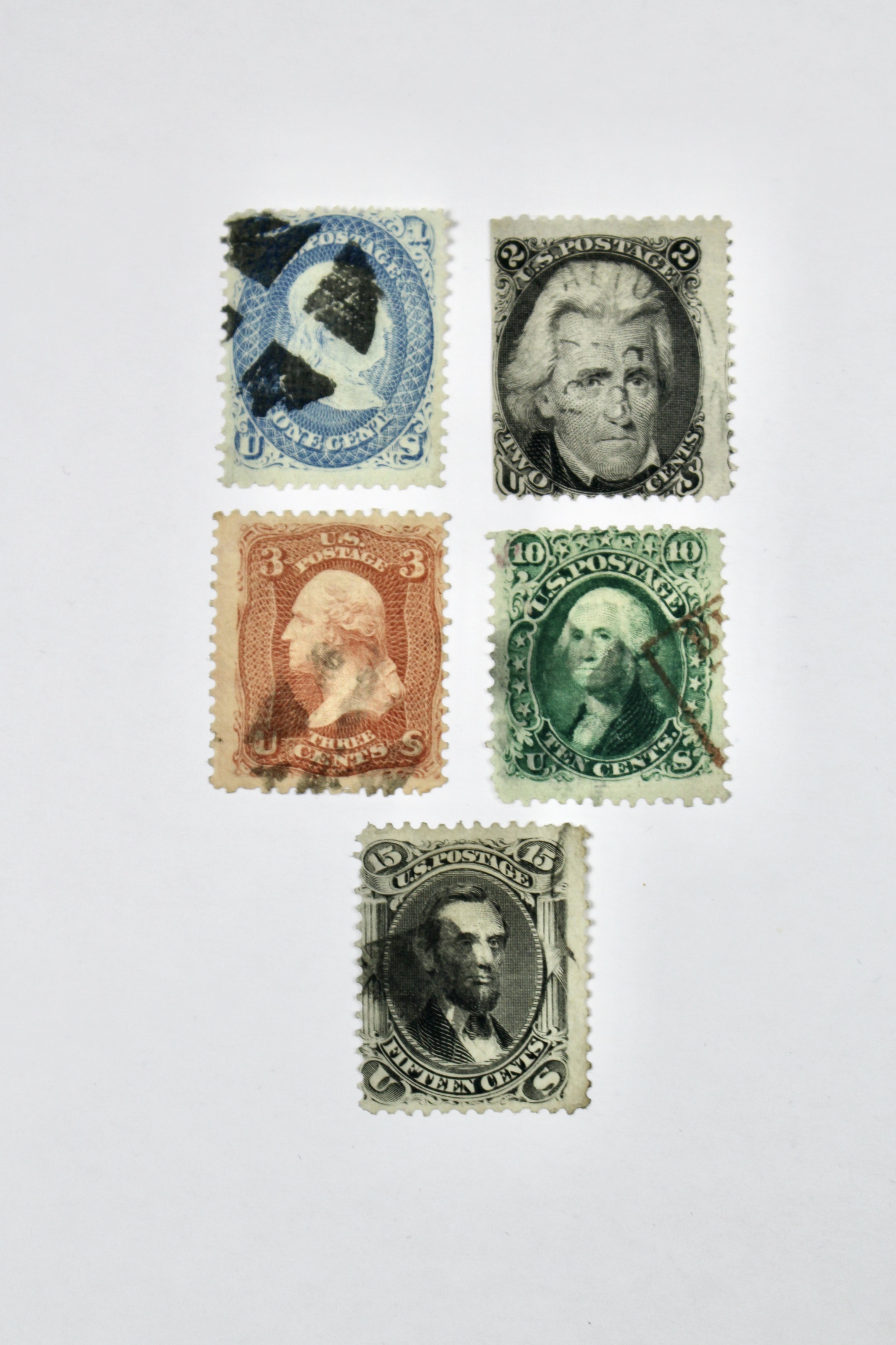 Five U.S. Postage Stamps, All with F Grill, 1867