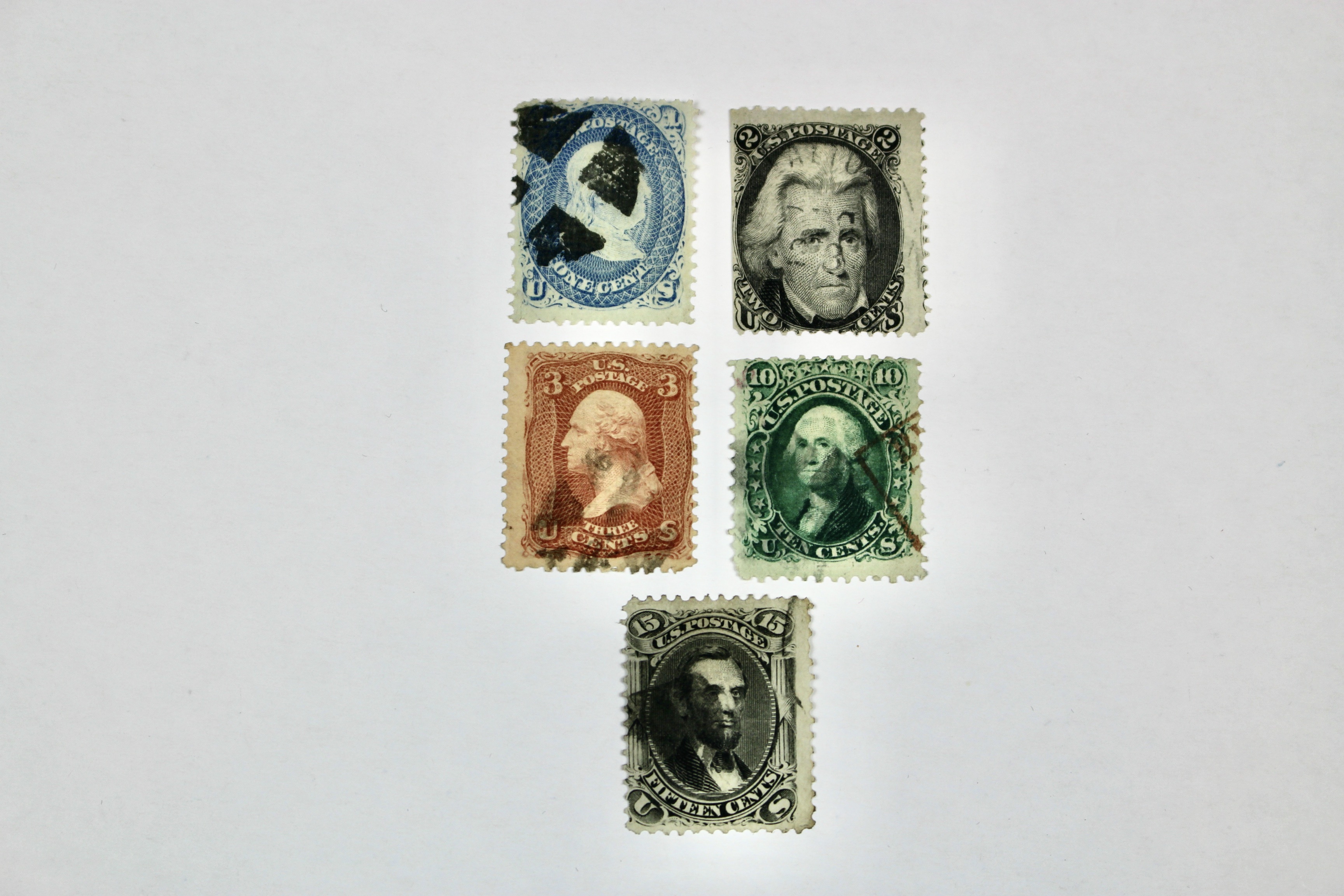 Five U.S. Postage Stamps, All with F Grill, 1867