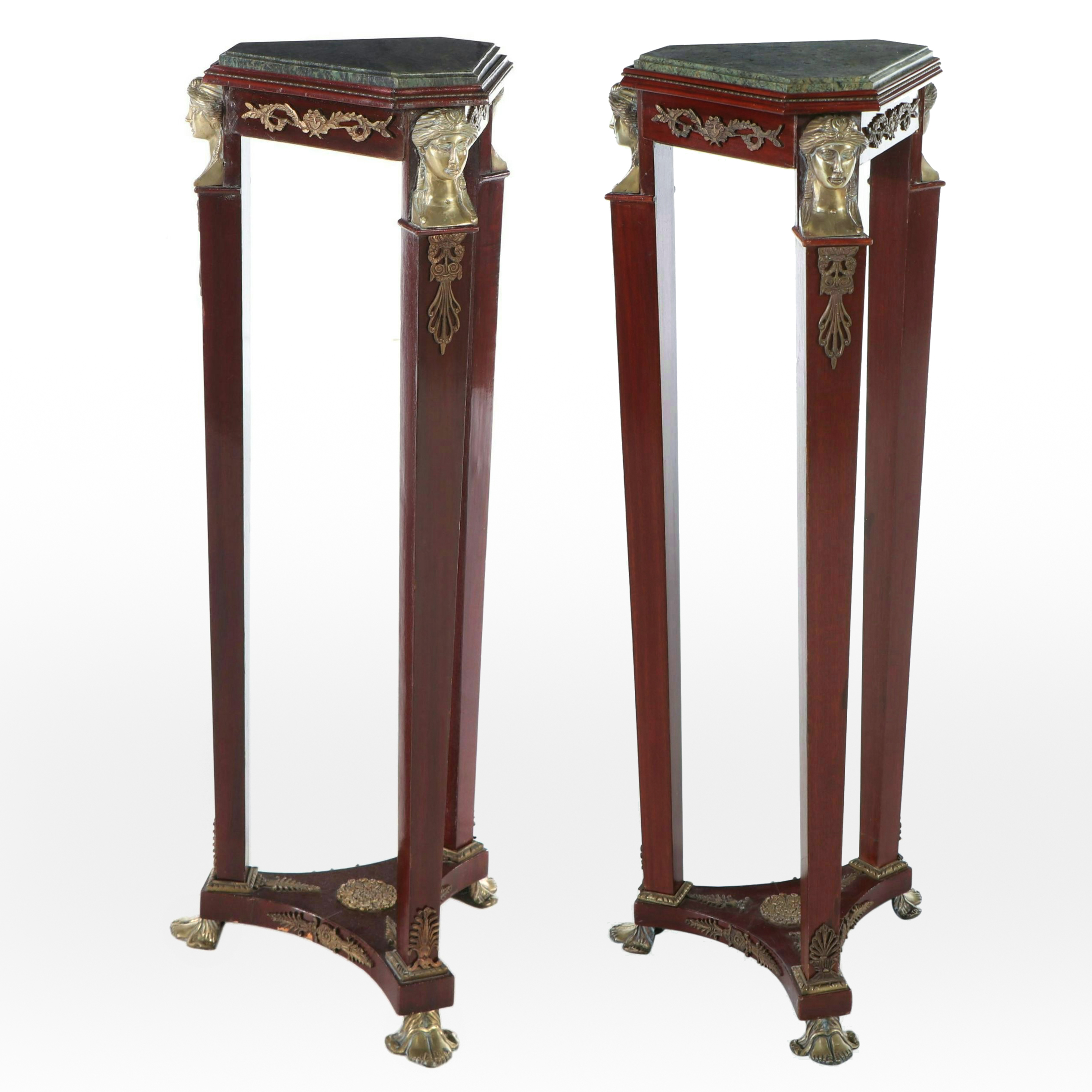 Empire Style Marble Top Brass Mounted Mahogany Stands, 20th Century