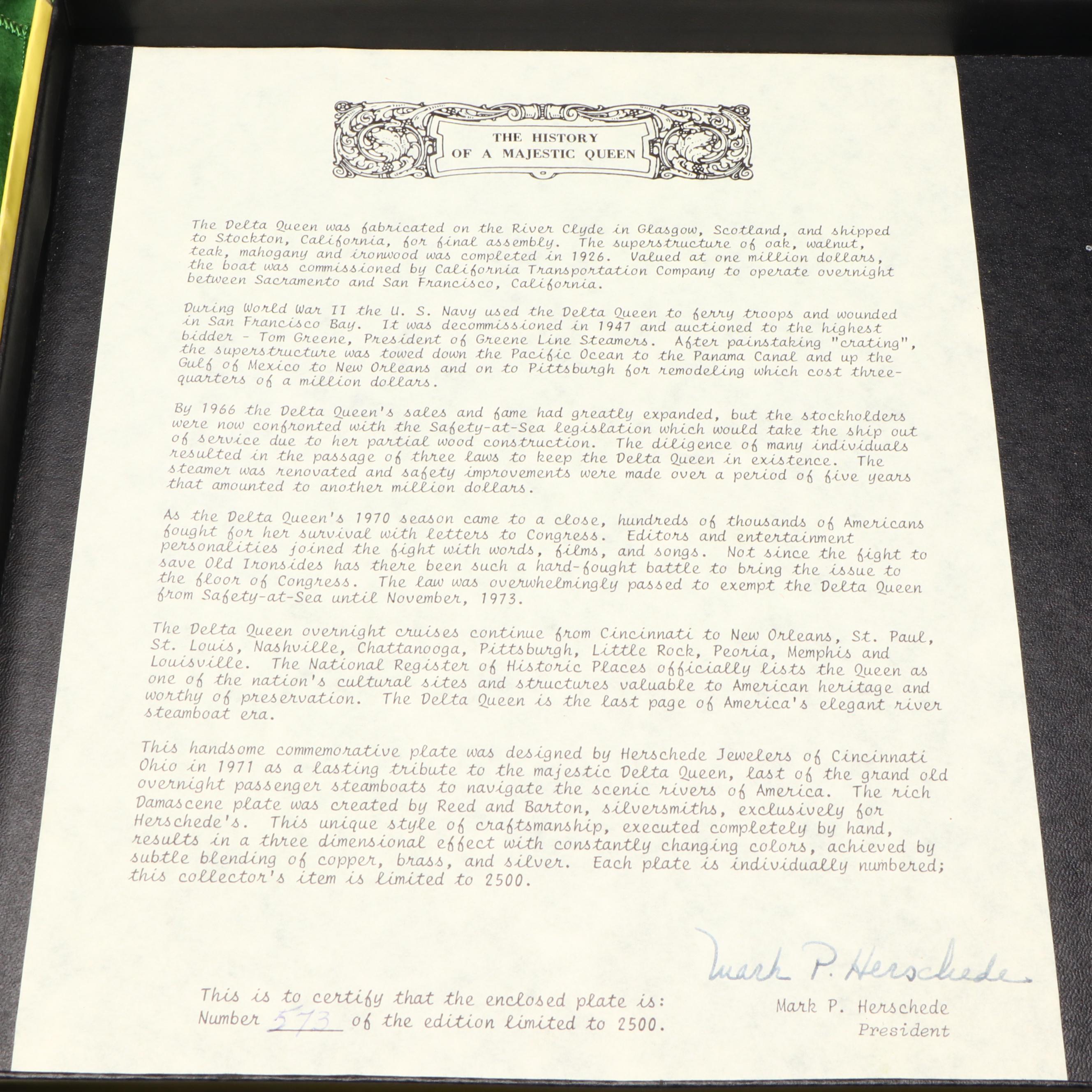 Reed & Barton "Delta Queen" Limited Edition Plate with Steamboat Tapestry