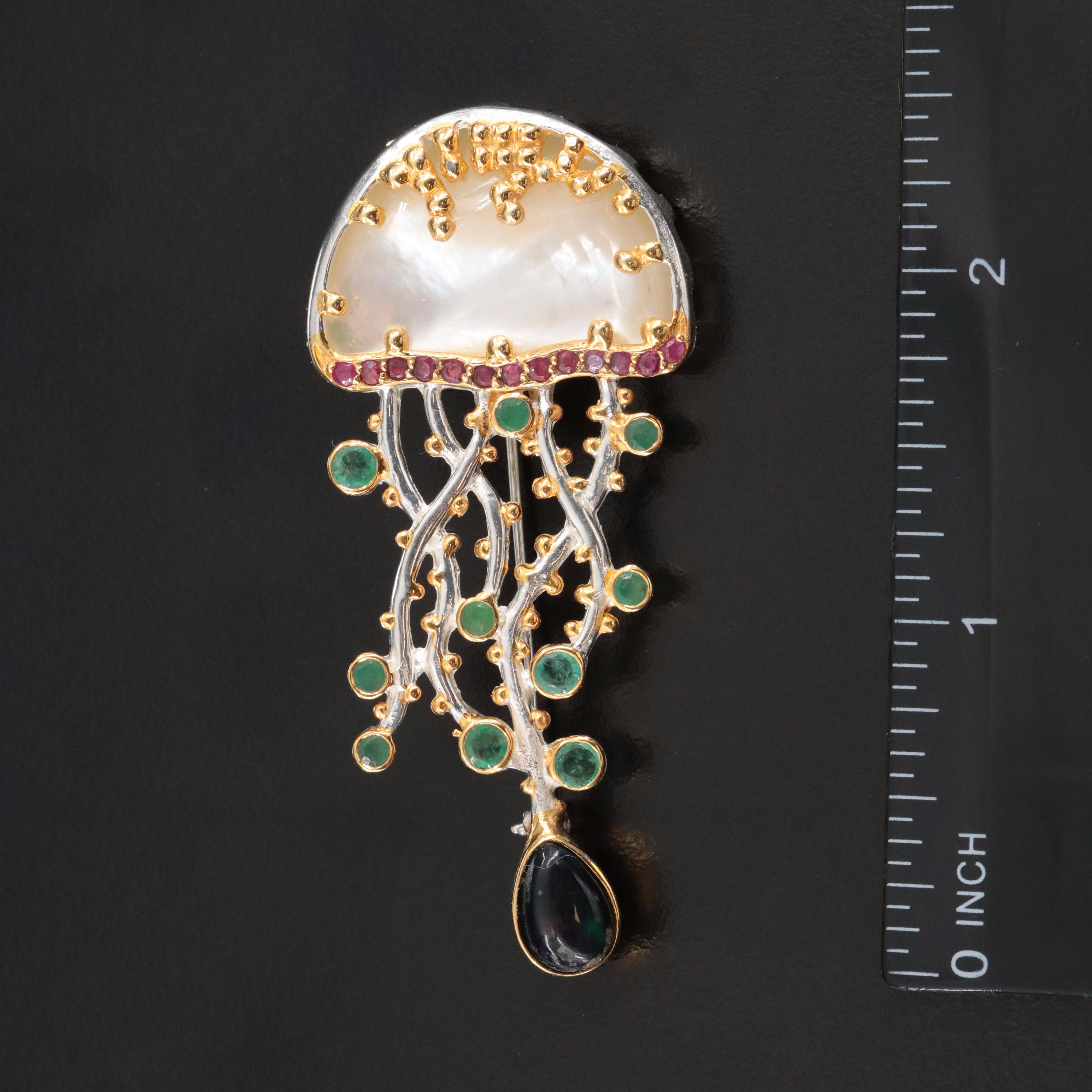 Sterling Mother-of-Pearl and Gemstone Jellyfish Converter Brooch