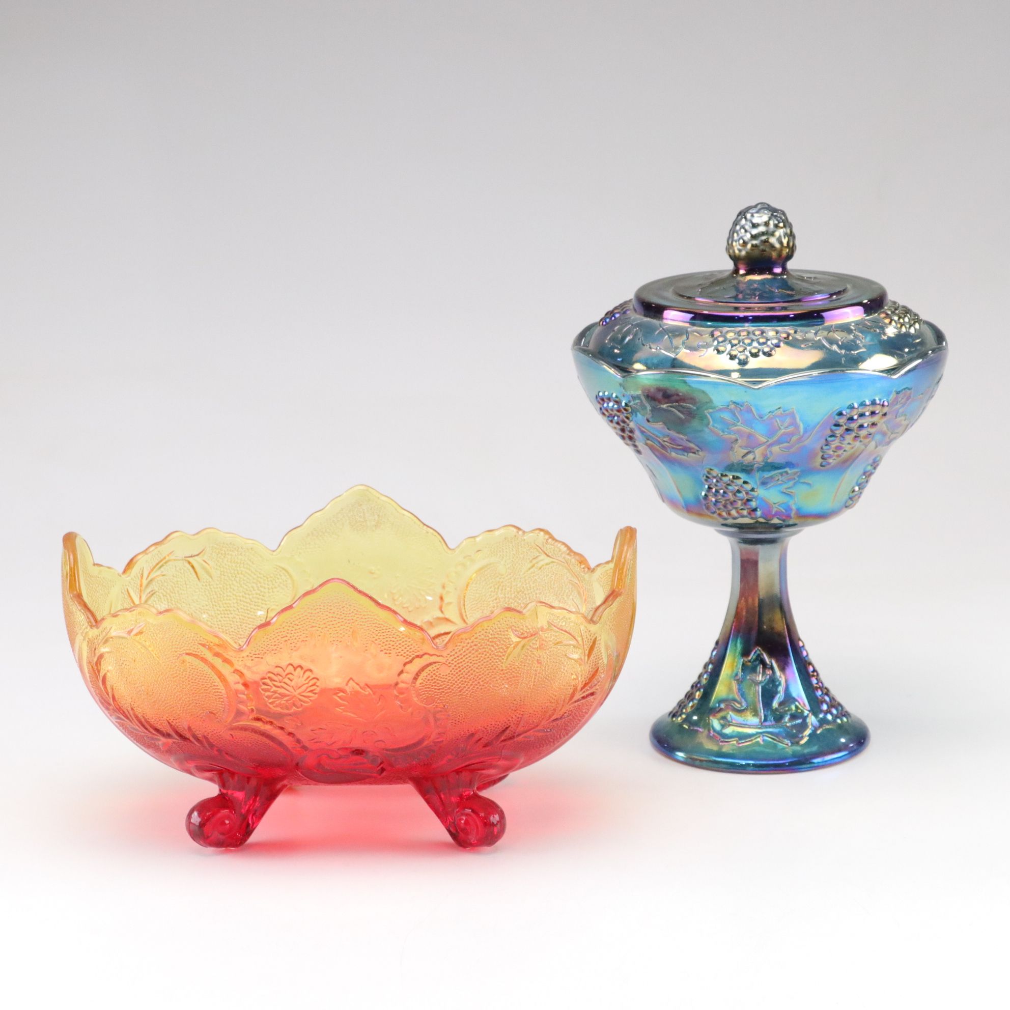 Indiana Glass Sapphire Carnival Glass Compote & Ombre Fruit Bowl