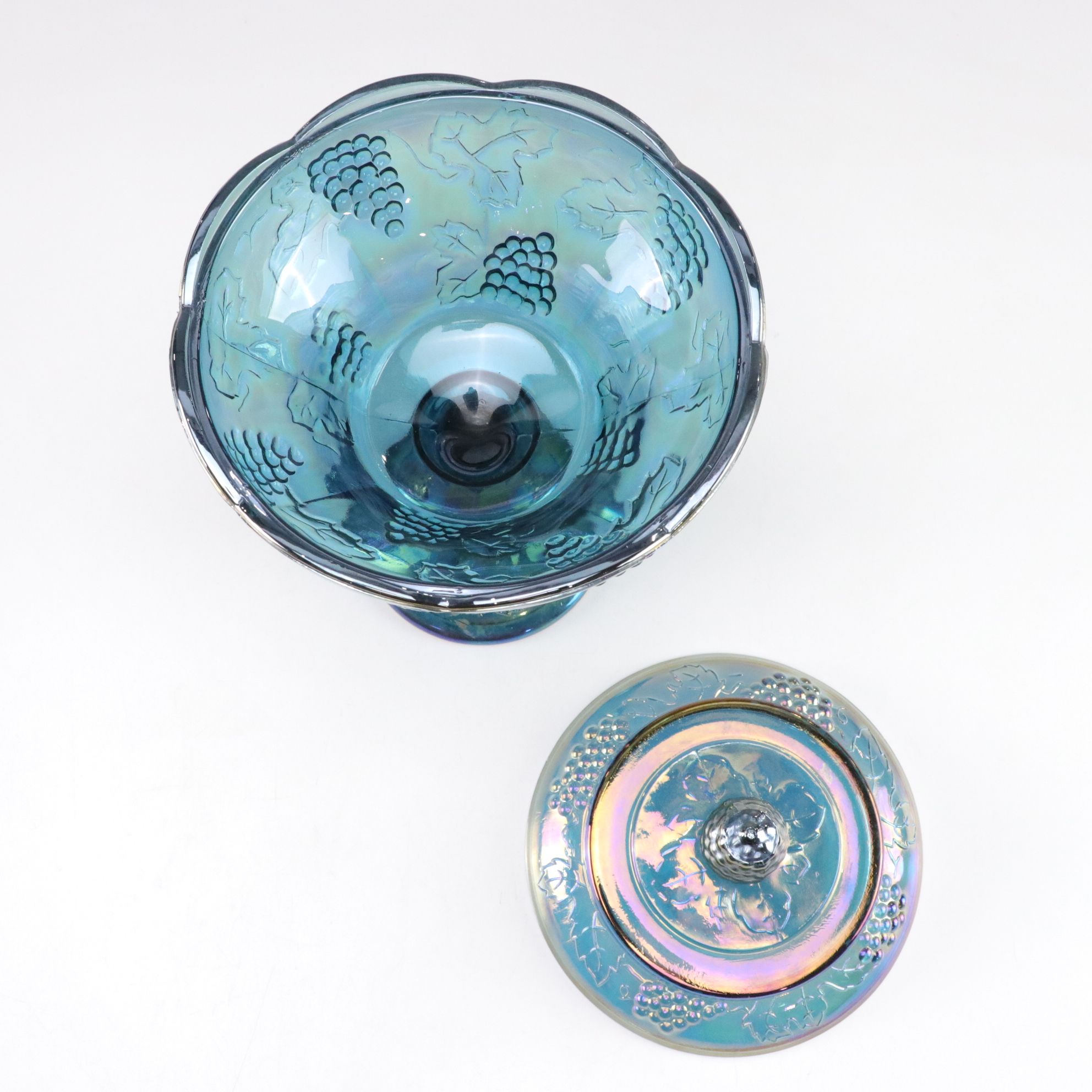 Indiana Glass Sapphire Carnival Glass Compote & Ombre Fruit Bowl