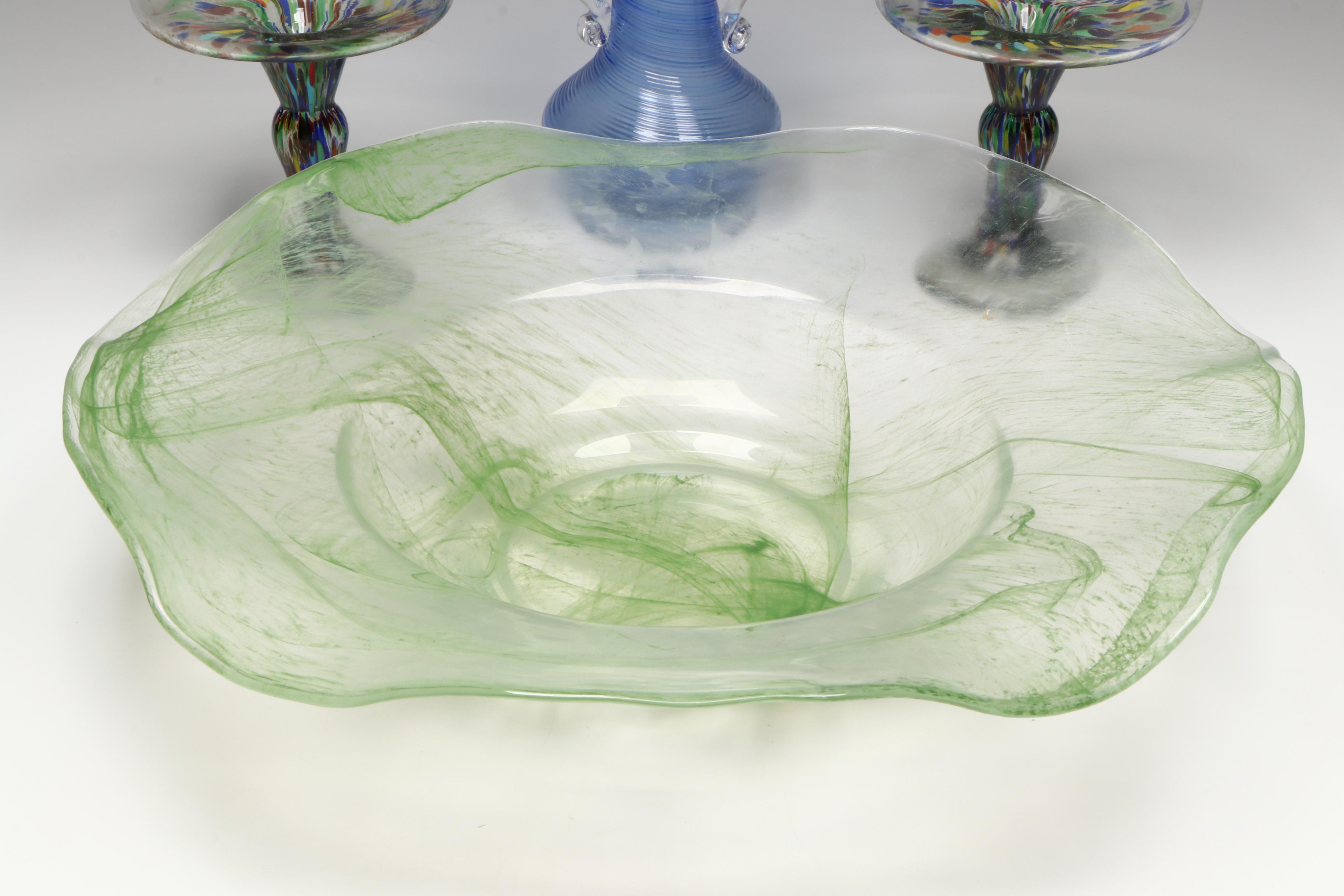 Studio Art Glass Vase, Confetti Glass Pillar Candle Holders, Console Bowl