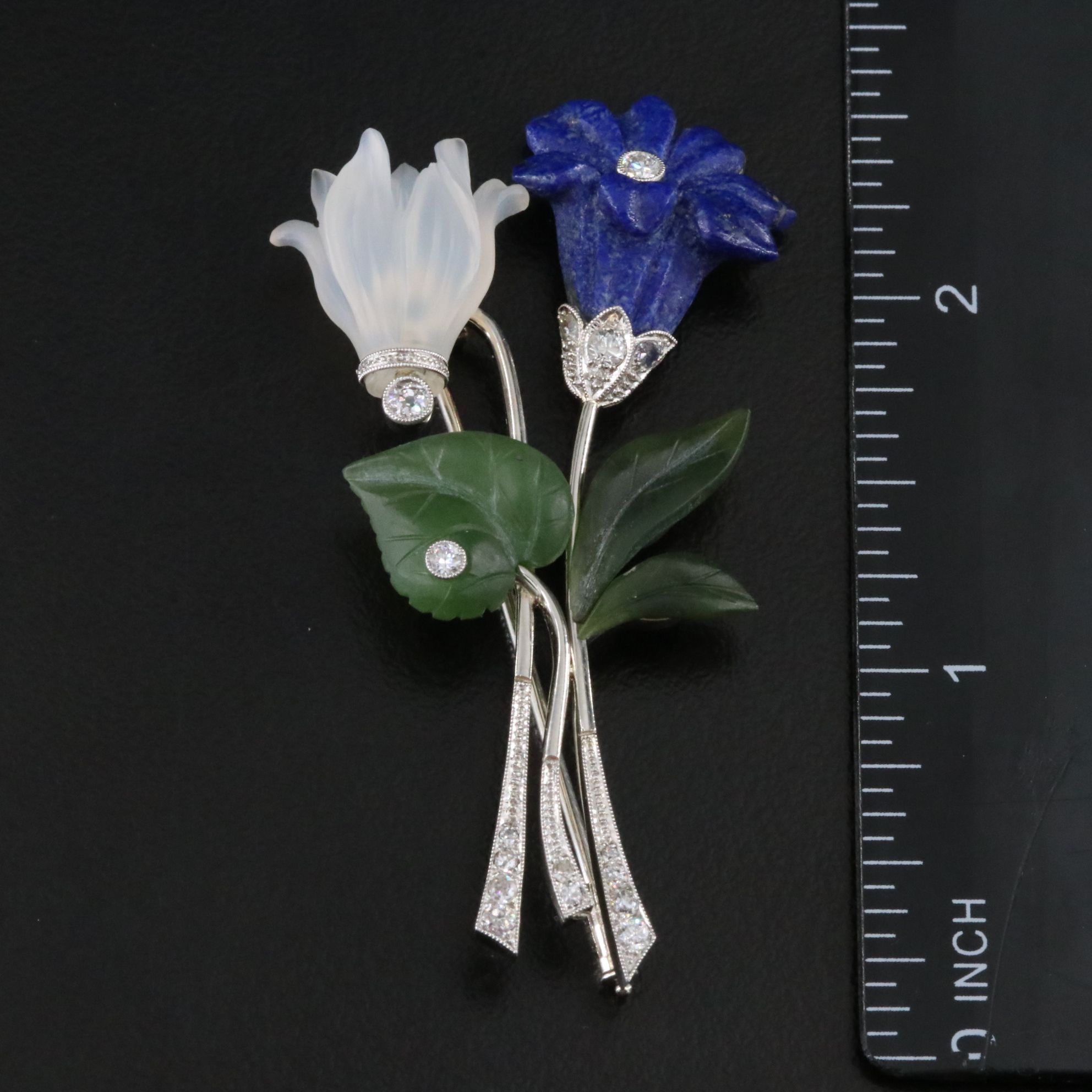 Vintage Czech 14K Floral Brooch with Lapis, Nephrite, Rock Crystal and Diamonds