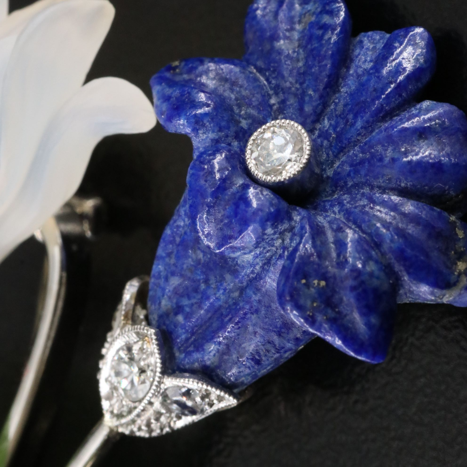 Vintage Czech 14K Floral Brooch with Lapis, Nephrite, Rock Crystal and Diamonds