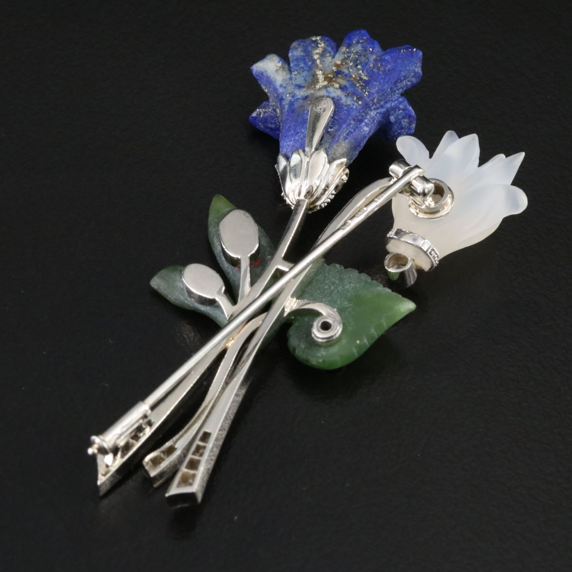 Vintage Czech 14K Floral Brooch with Lapis, Nephrite, Rock Crystal and Diamonds