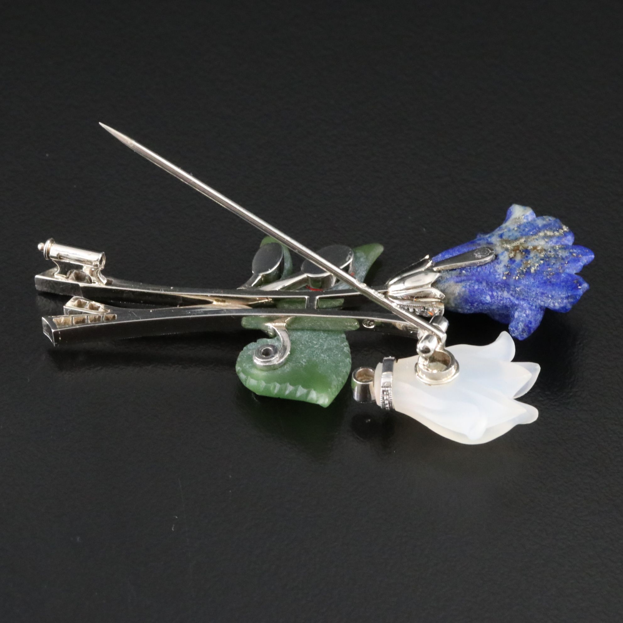 Vintage Czech 14K Floral Brooch with Lapis, Nephrite, Rock Crystal and Diamonds