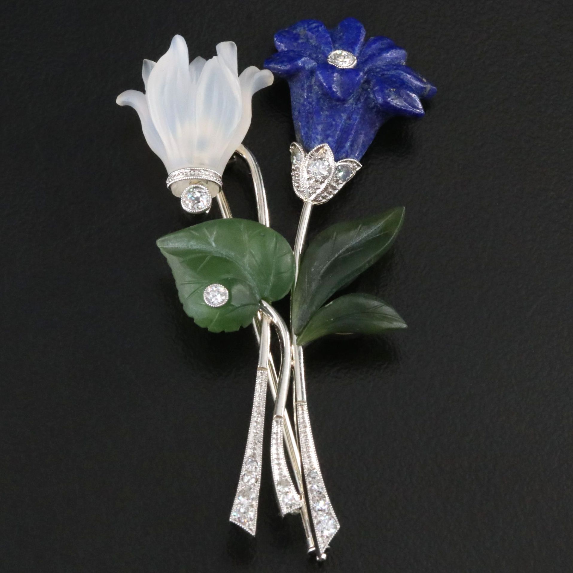 Vintage Czech 14K Floral Brooch with Lapis, Nephrite, Rock Crystal and Diamonds