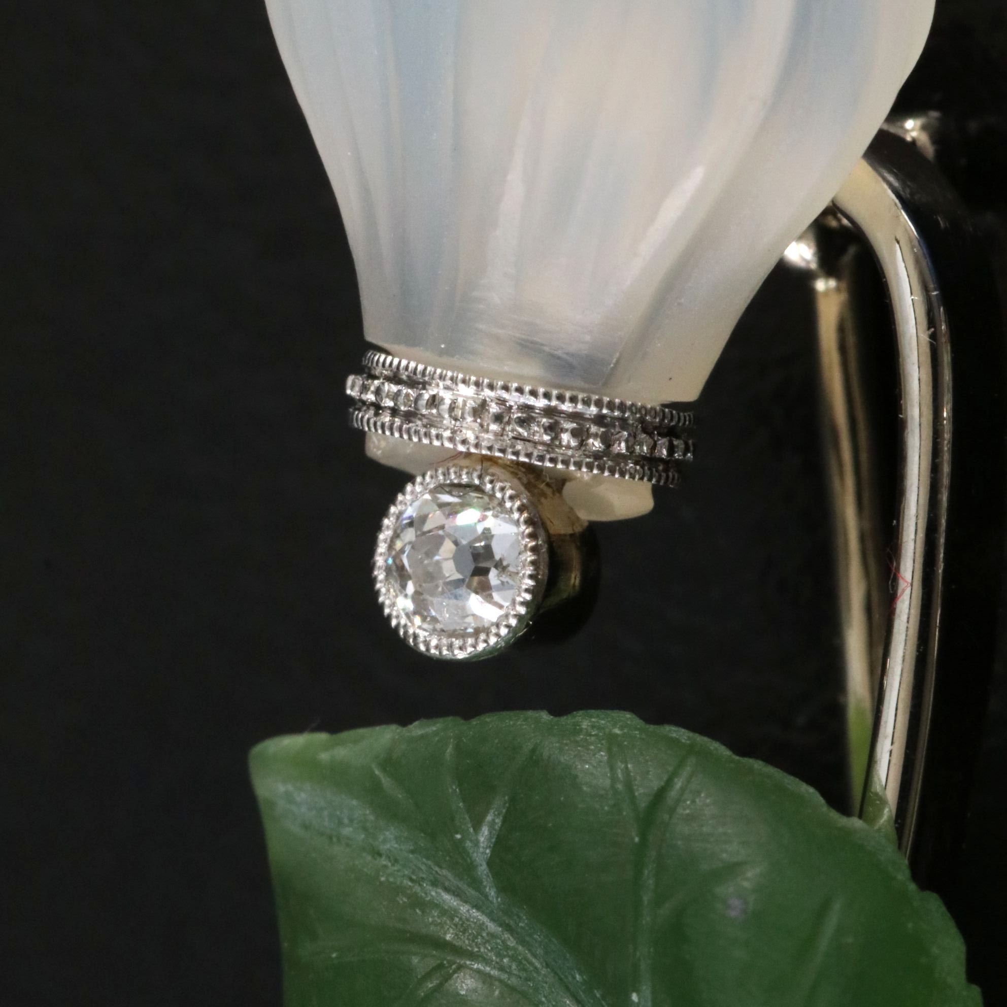 Vintage Czech 14K Floral Brooch with Lapis, Nephrite, Rock Crystal and Diamonds