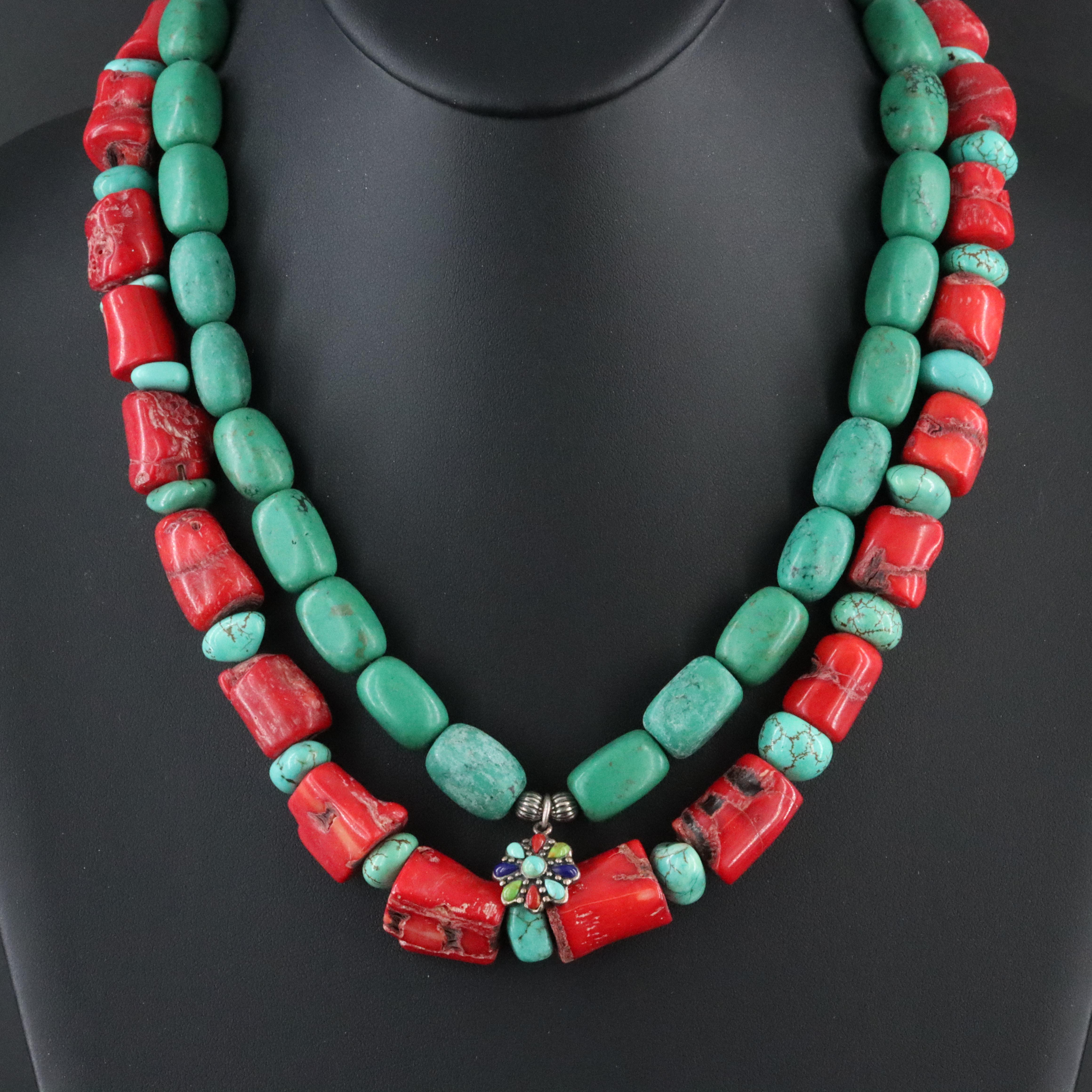 Coral and Turquoise Featured in Necklaces with Sterling Clasps and Pendant