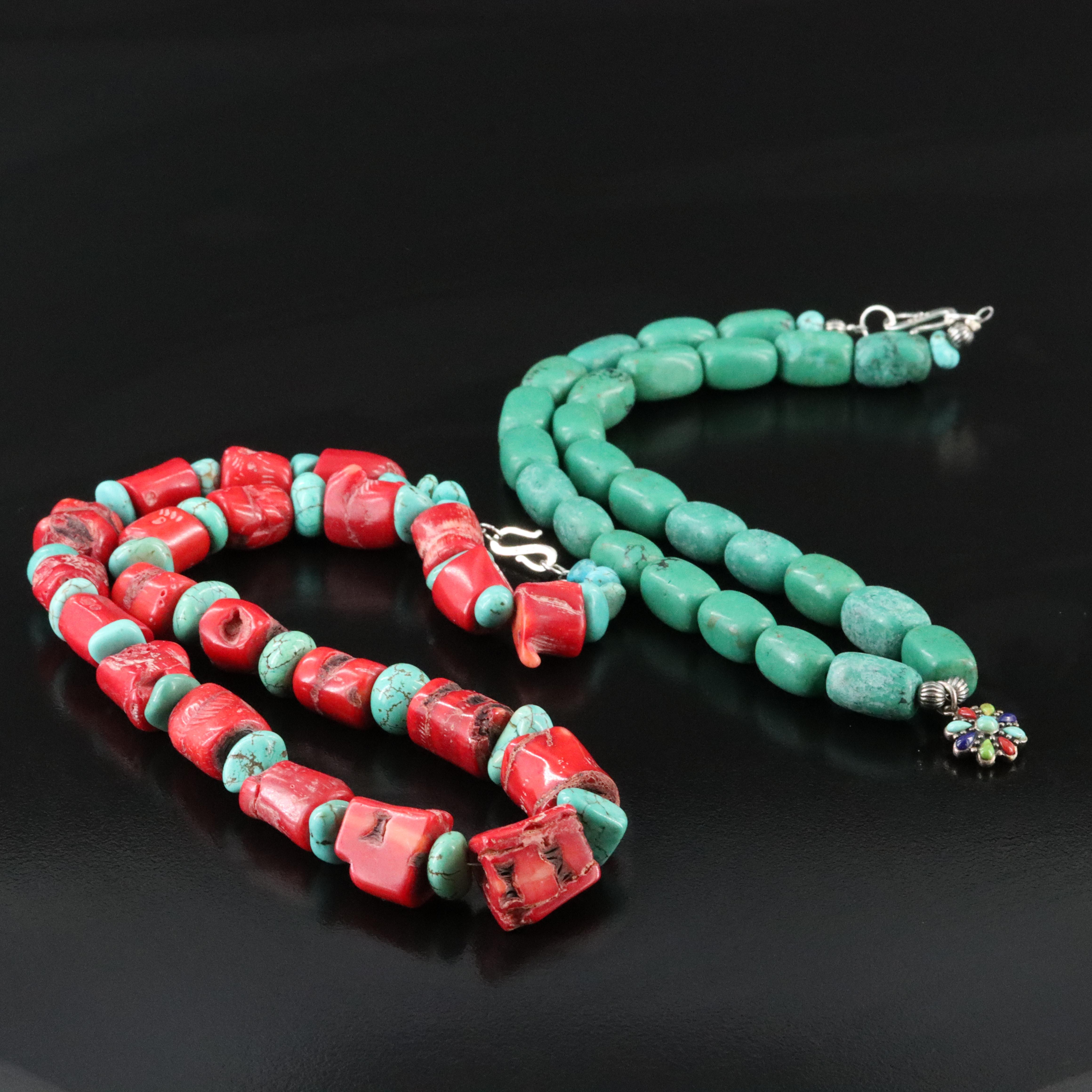 Coral and Turquoise Featured in Necklaces with Sterling Clasps and Pendant