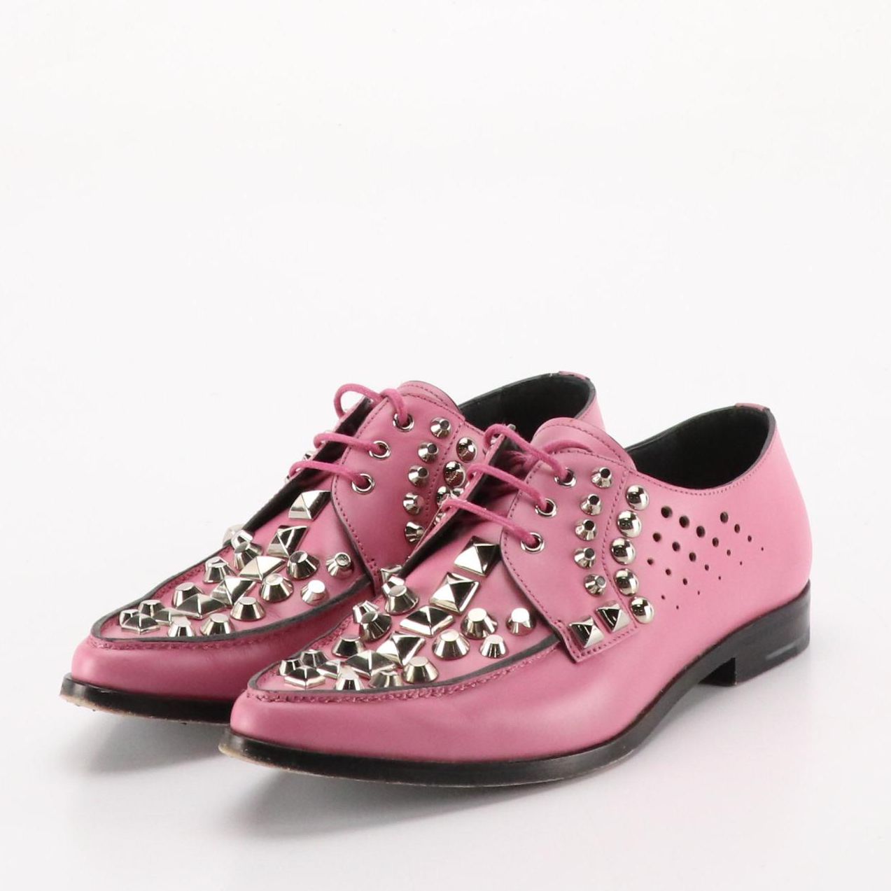 Prada Studded and Perforated Pink Leather Oxford Loafers