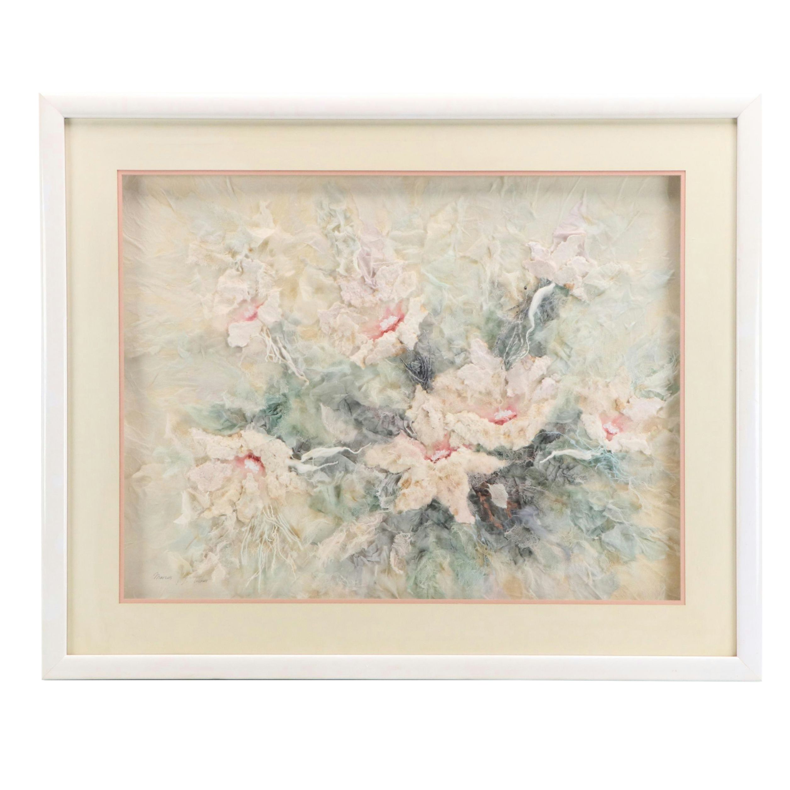 Marcus R. Tucker Mixed Media Textile Art of White Flowers, 20th Century