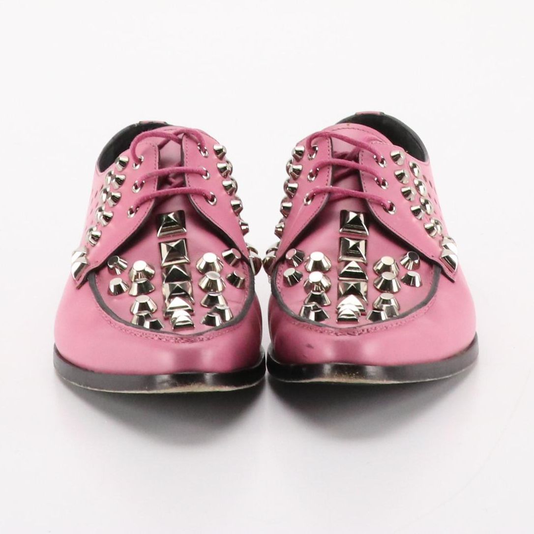 Prada Studded and Perforated Pink Leather Oxford Loafers