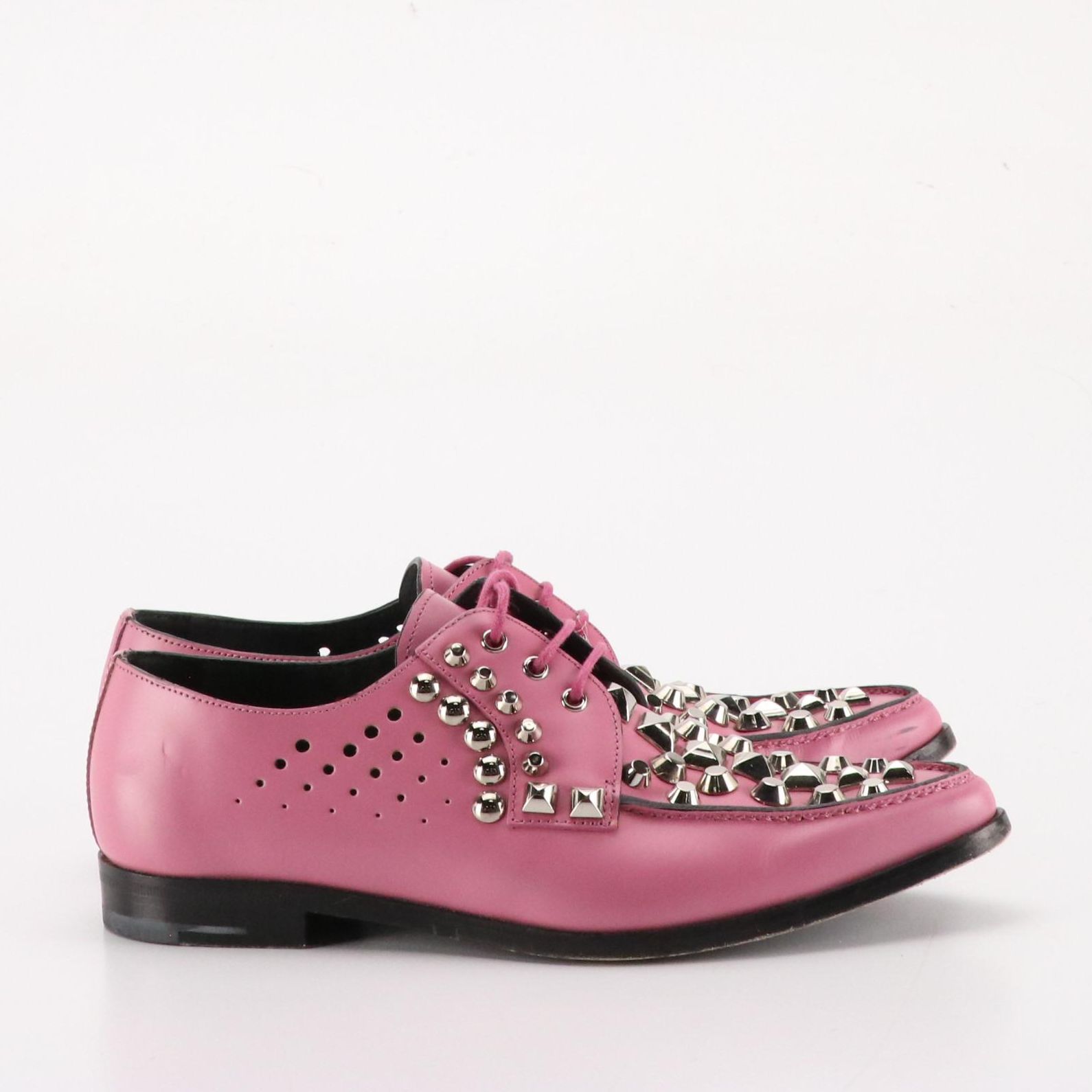 Prada Studded and Perforated Pink Leather Oxford Loafers