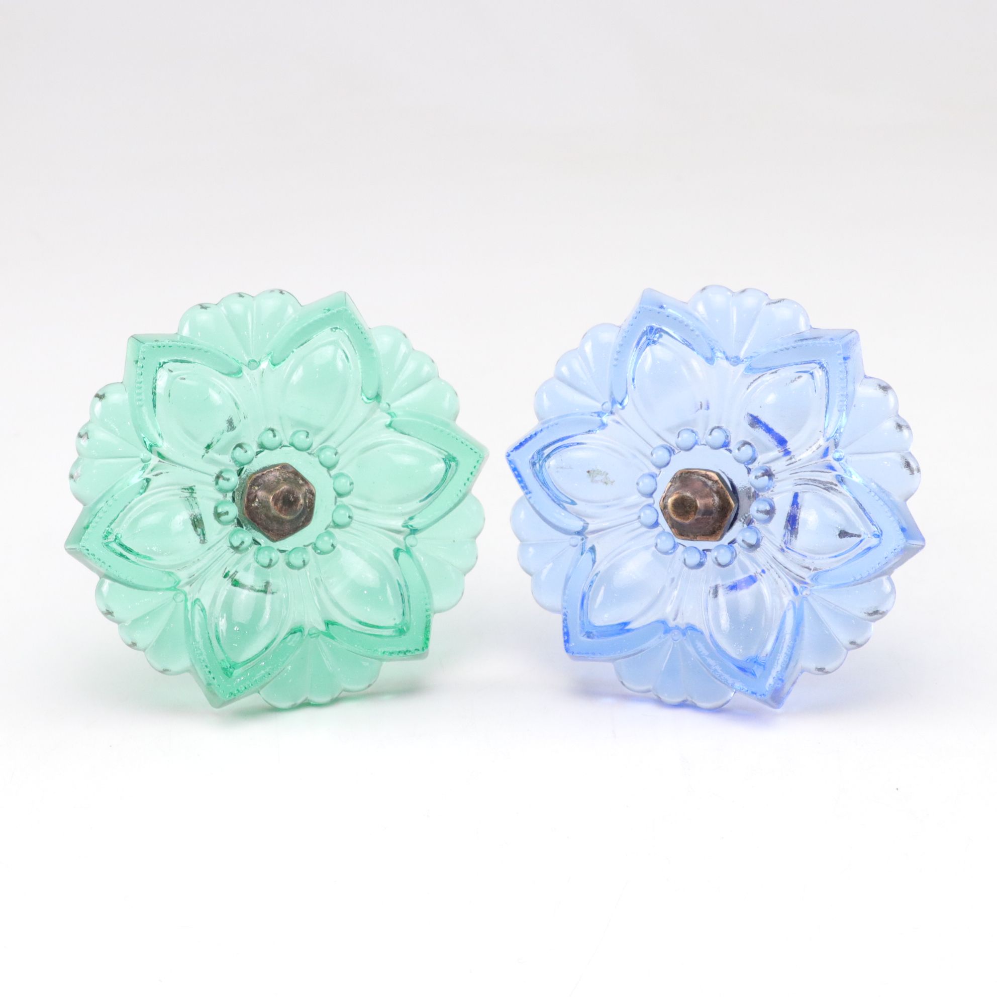 Victorian Style Green and Blue Pressed Glass Curtain Tiebacks