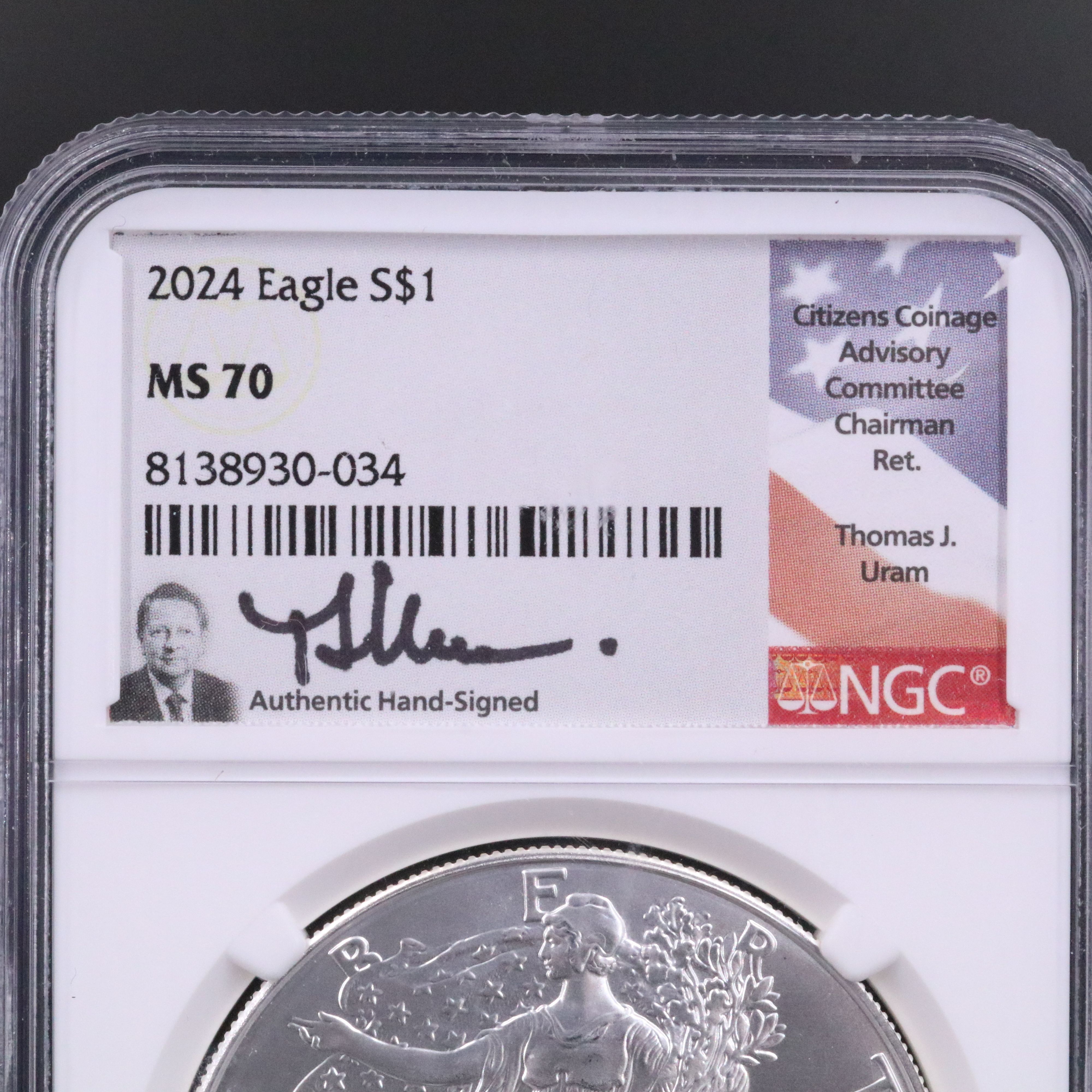 NGC Graded MS70 2024 $1 U.S. Silver Eagle Signed by Uram